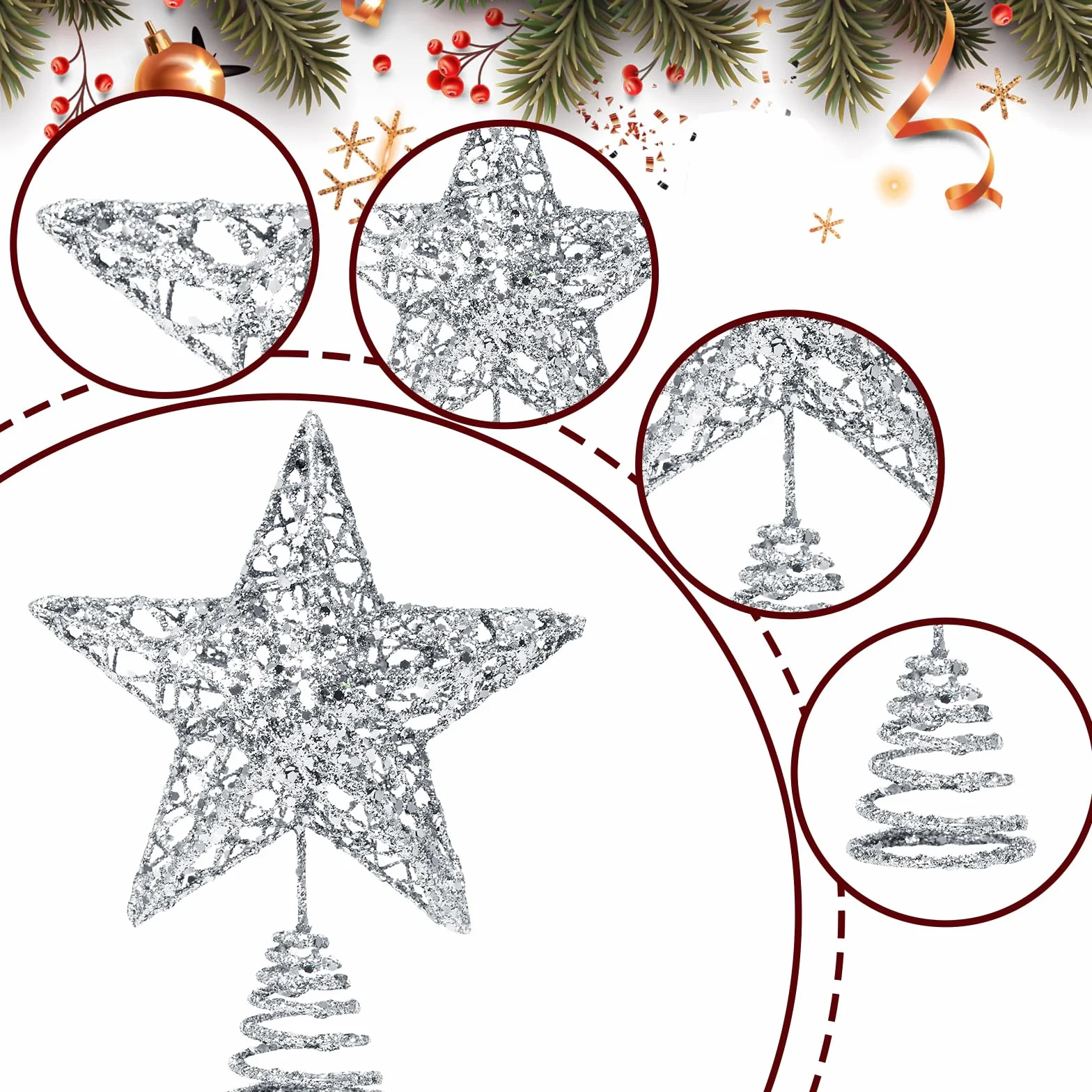 Estrella Plateada Metálica con Purpurina 3D para Árbol de Navidad 20x15 cm