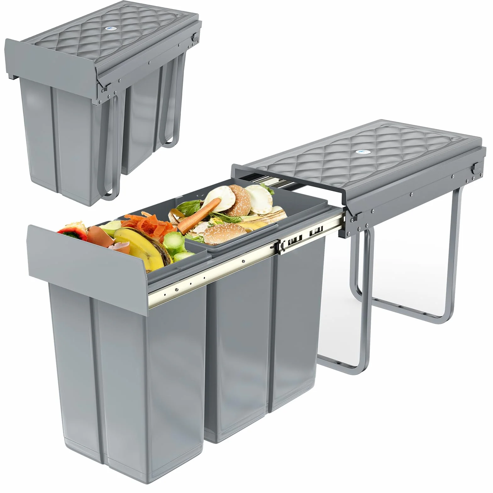 UISEBRT - Cubo de basura de cocina con cajón, cubo de basura empotrado, sistema de separación de basura con tobogán, plástico, gris【1x20L+1x10L】