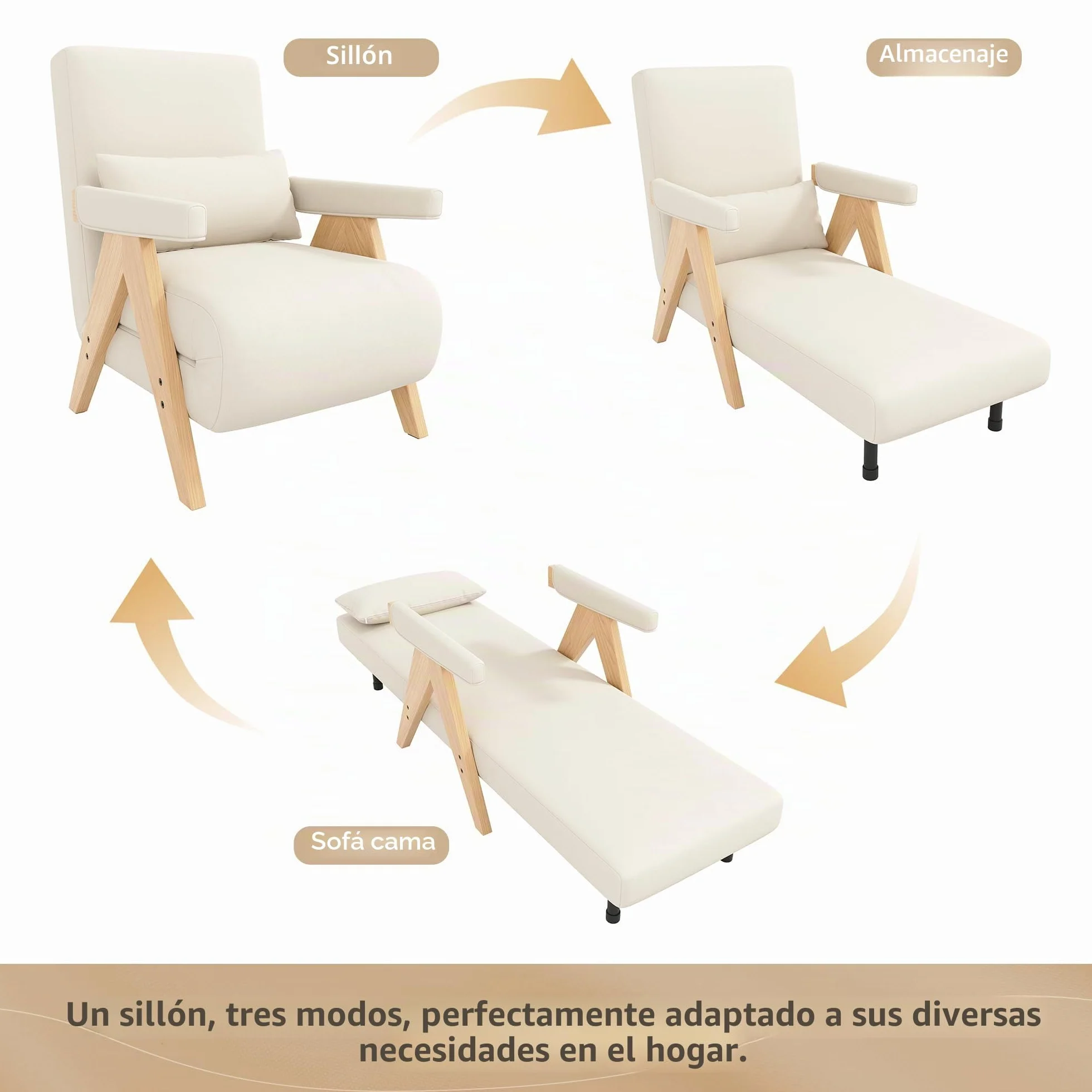 Sillón plegable acolchado 3 en 1 con función de sueño, sofá cama convertible, sillón lounge, cama individual, adecuado para salón, dormitorio, oficina, apartamento, etc. (beige)