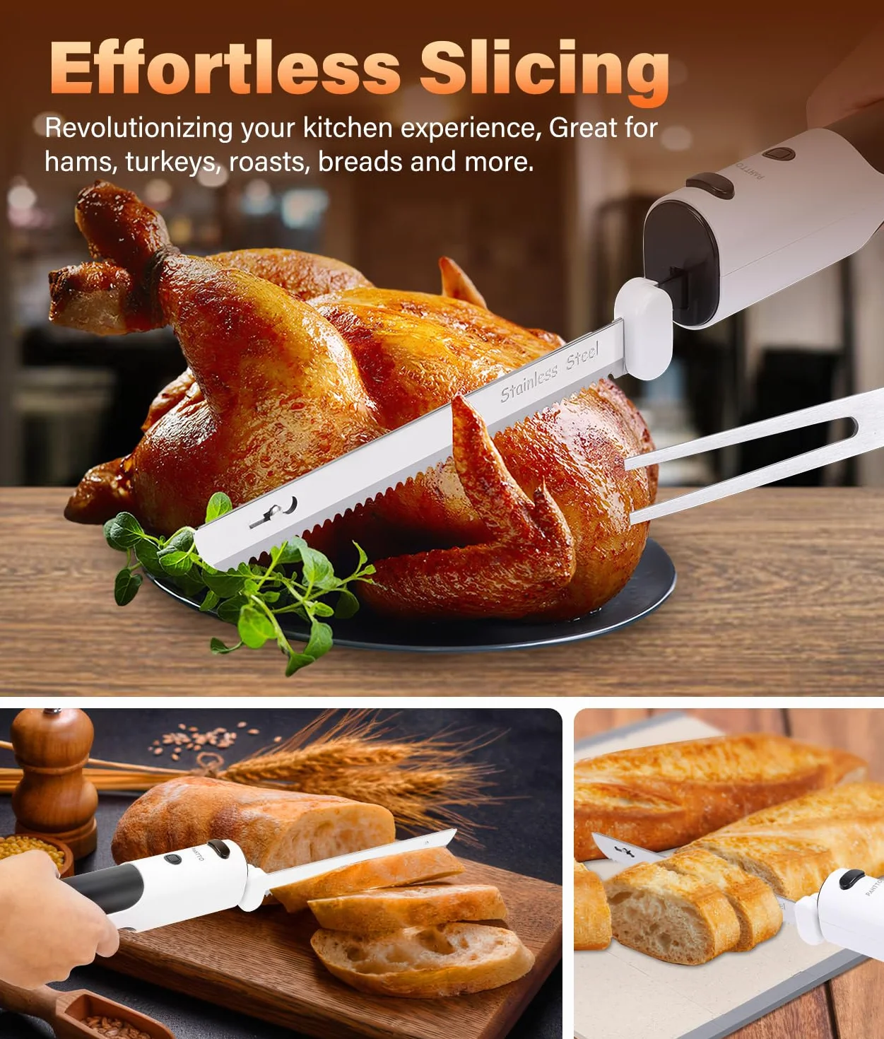 PAHTTO cuchillo eléctrico para cortar carne pan verduras fruta, inalámbrico cuchillo de cocina rebanador de pan con cuchillas dobles de acero inoxidable incl. caja, tenedor y tabla de cortar plegable