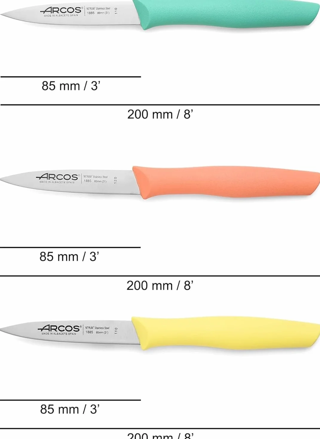 Arcos Set Cuchillos Mondadores 3 Piezas Acero Inoxidable Serie Nova Naranja Amarillo Azul