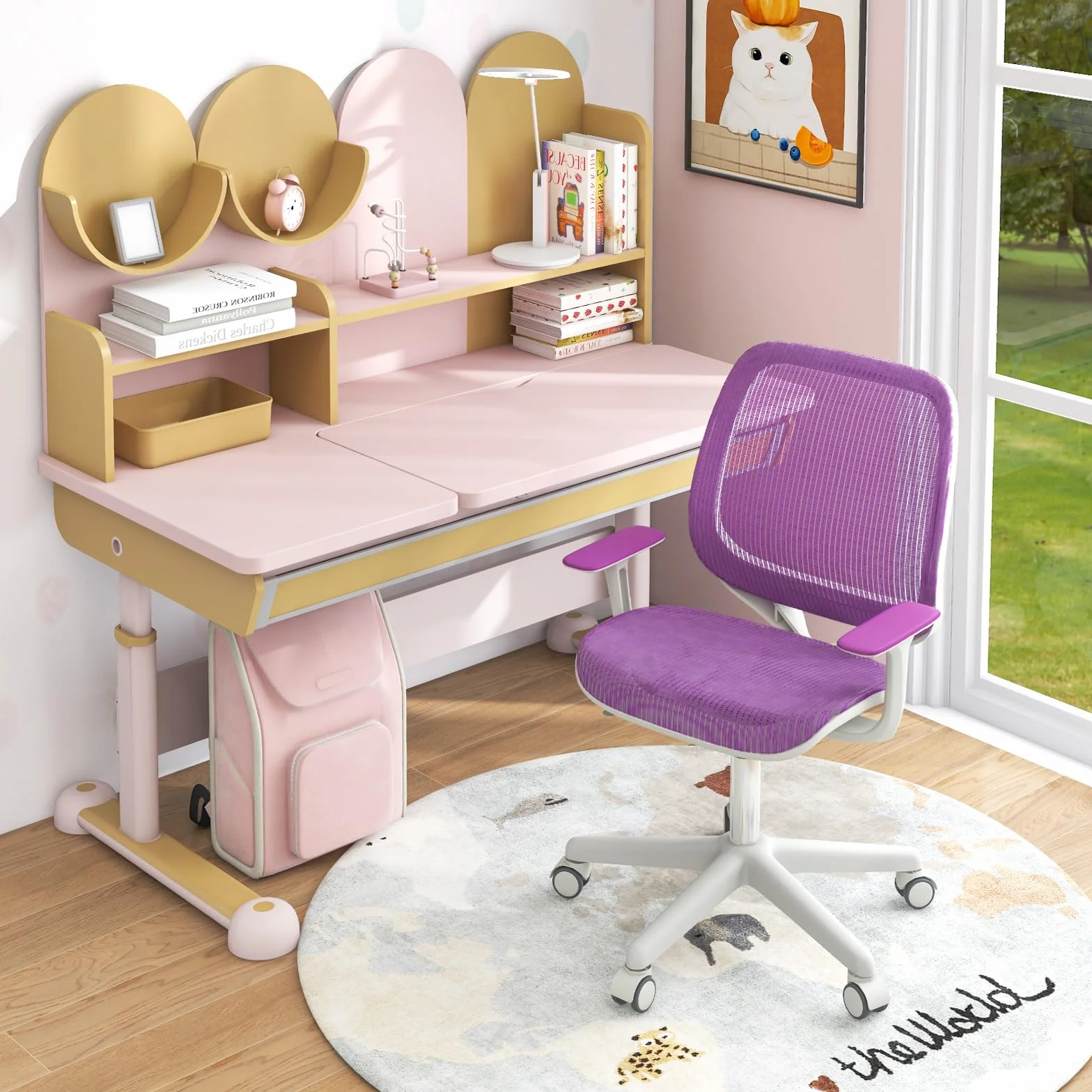 COSTWAY Silla de Escritorio para Niños, Silla Infantil Giratoria para Computadora con Altura Ajustable, Ruedas con Freno, Reposabrazos Lisos, Silla Ergonómica de Estudio para Niño (Morado)