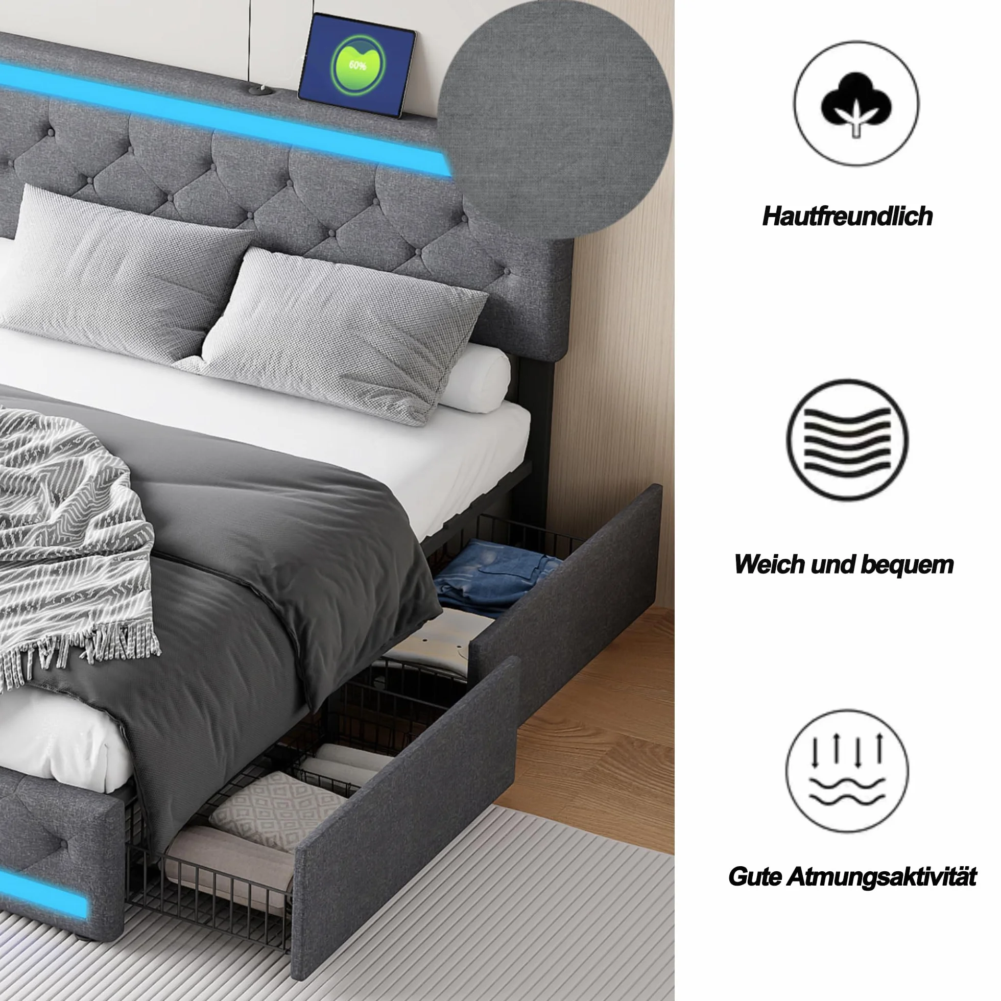 KeepGoon Cama Doble de 180 x 200 cm, Cama Acolchada con 4 cajones de Hierro, Largo Puerto USB y Barra para lámpara de Noche, Cama de Almacenamiento, con somier, Tela de Lino, cabecero Ajustable