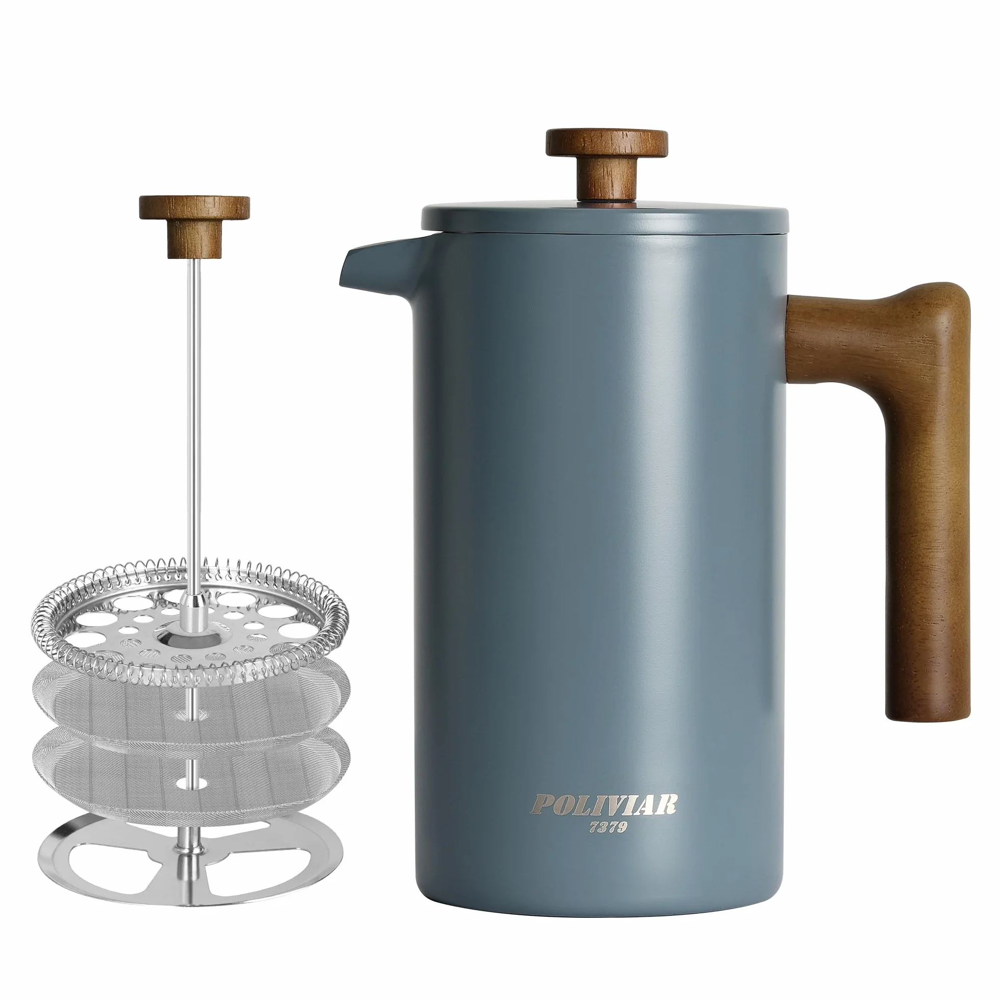 POLIVIAR - Cafetera de prensa francesa, prensa de café de 34 onzas con mango de madera real, aislamiento de doble pared y pantalla de filtro doble, acero inoxidable de grado alimenticio para un buen