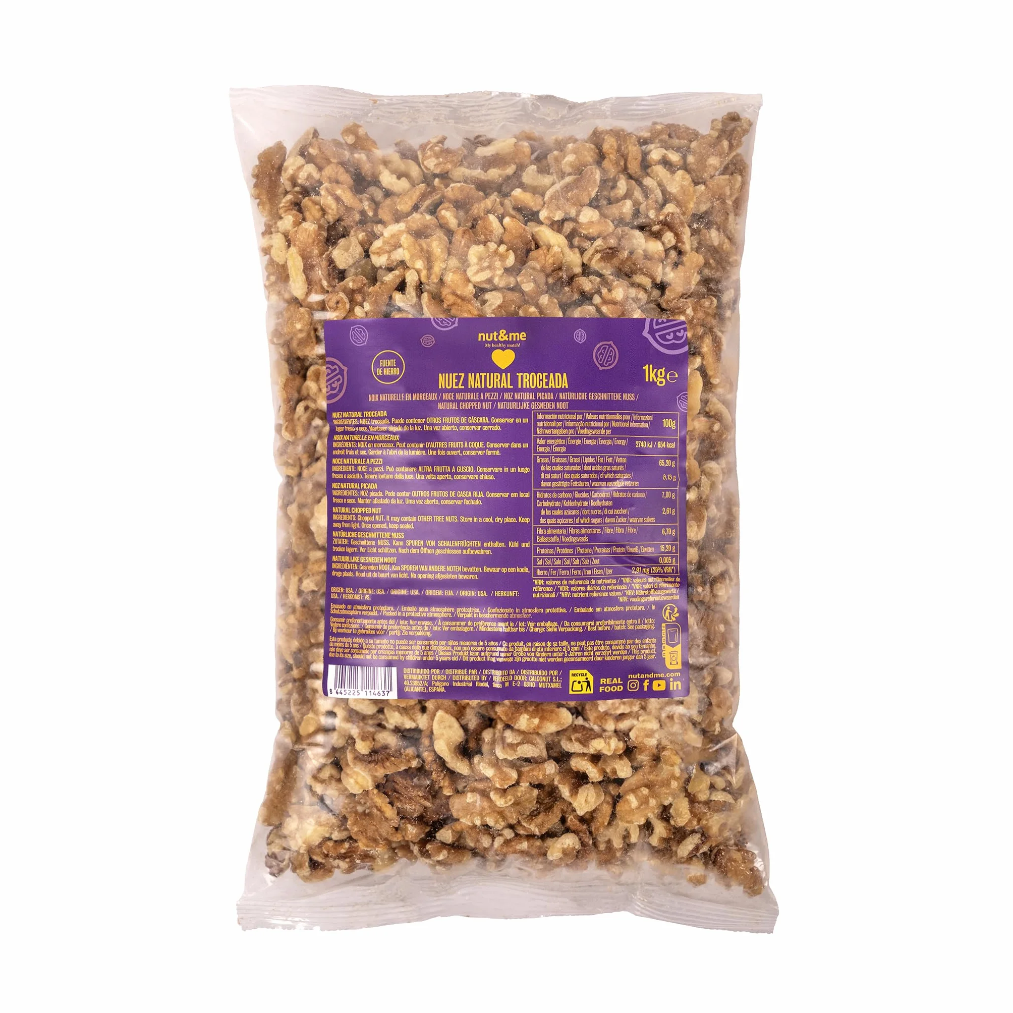 nut&me Nueces peladas 1 kg Fruto seco natural Keto Sin gluten Vegano Alto contenido en fibra