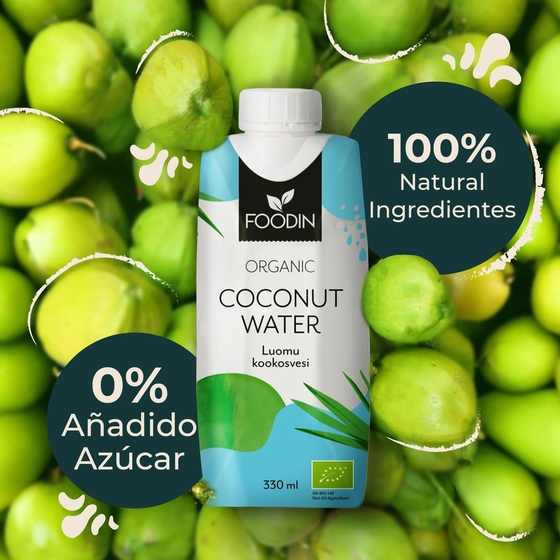 Foodin Agua de Coco Orgánica con Electrolitos, Sin Gluten, Sin OGM, Paquete de 12 (12x330ml)