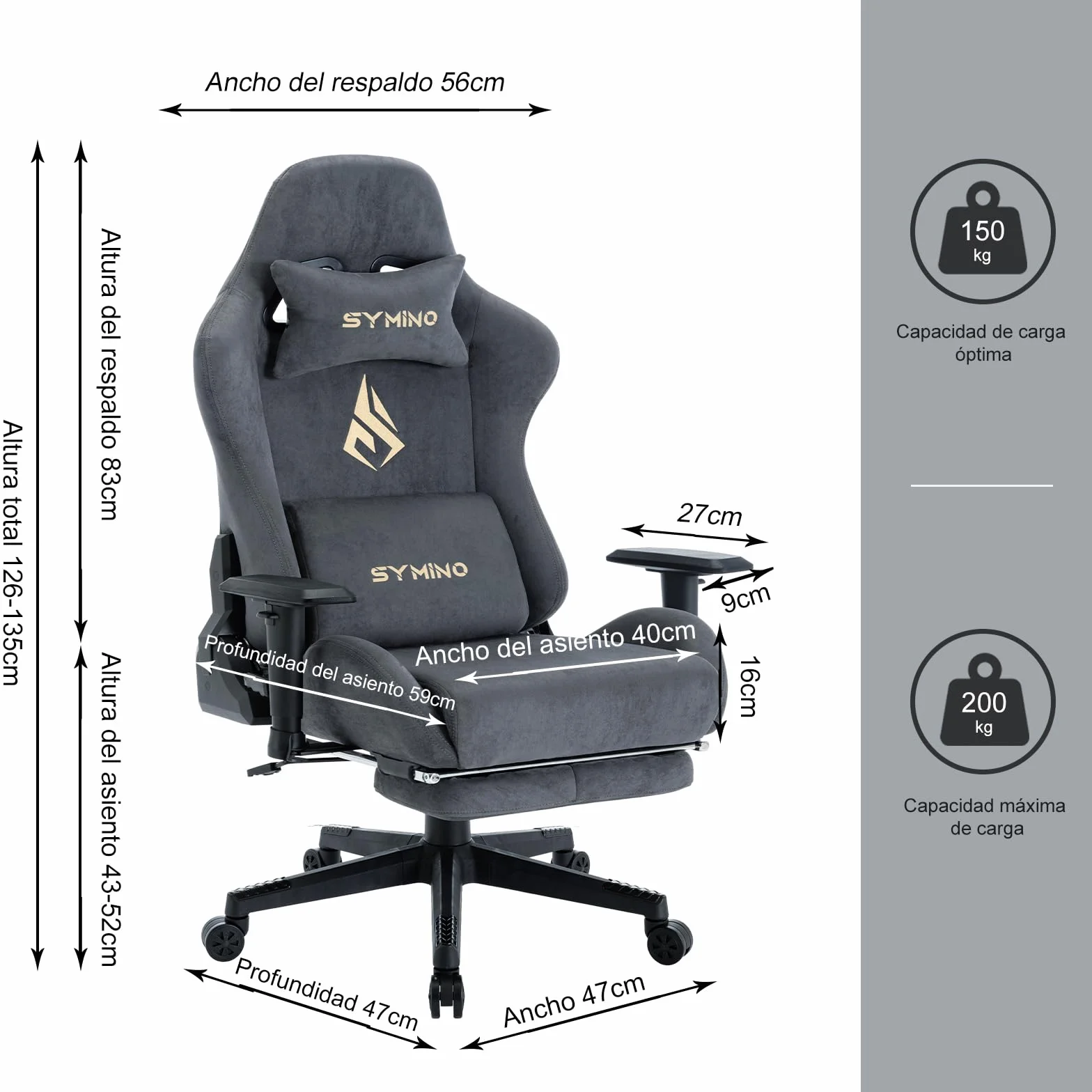 Symino Silla Gaming Ergonómica Reclinable con Reposapiés Ajustable, Soporte Lumbar y Reposacabezas Regulable, Altura Ajustable para Adultos hasta 200kg (Gamuza Artificial,Grey)