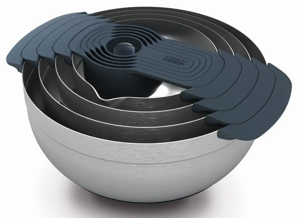 Joseph Joseph Nest 9 Plus - Juego de 9 piezas apilables, cuencos para mezclar, con bol grande y pequeño, colador y 5 tazas medidoras, Acero Inoxidable