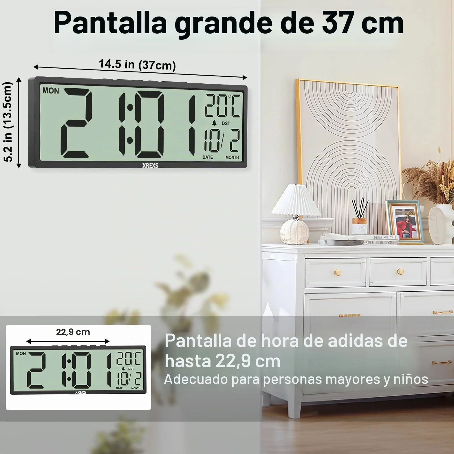 XREXS Reloj de Pared Digital de 14,5 Pulgadas, Hora, Calendario, Temperatura, Función DST, Funciona con Pilas, para Dormitorio, Salón, Aula, Oficina (Negro)