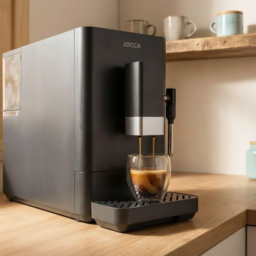 Jocca - Cafetera Superautomática 20 Bares, 1350W, Depósito 1,5L, Molinillo Integrado 15 Niveles, Vaporizador de Leche, Funciones Espresso, Doble Espresso y Americano, Sistema de Autolimpieza