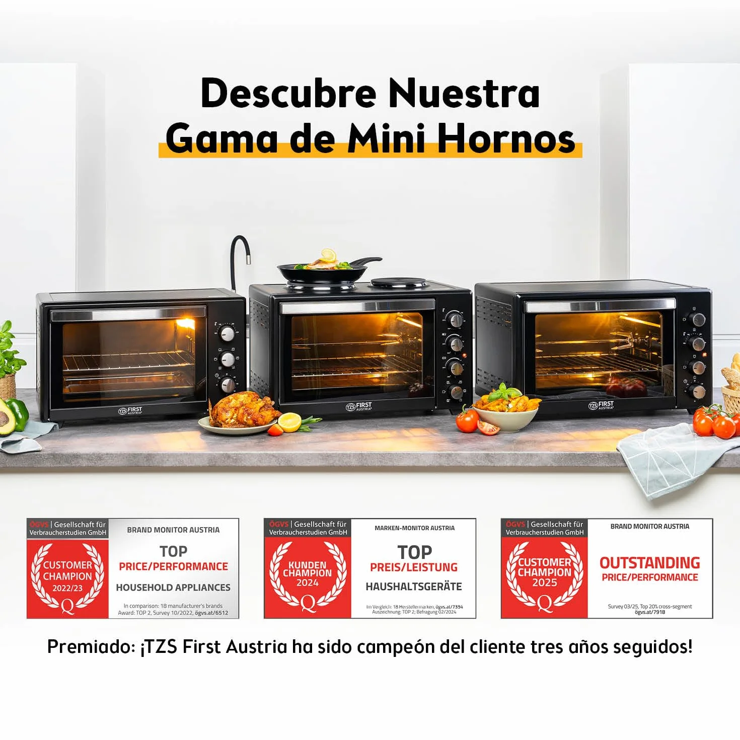 First Austria Mini Horno 45L 3200 W con Quemadores para Pizza 230°C Revestimiento Antiadherente Multihorno 4 Alturas