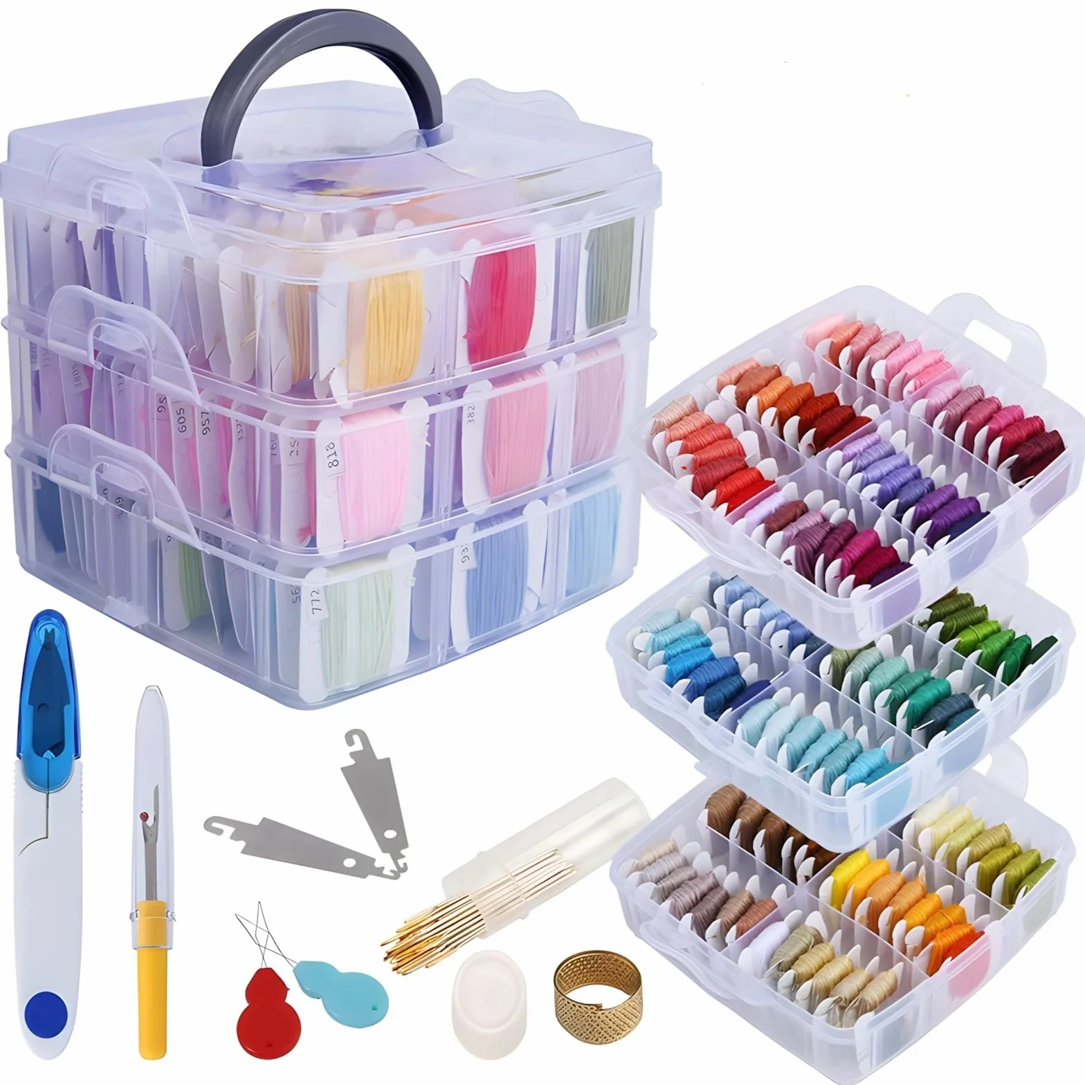 Kit de bordado con hilos de 150 colores, juego de herramientas de aguja en caja de almacenamiento de plástico, incluye enhebradores, hojas de aguja, dedal, tijeras y removedor de hilos