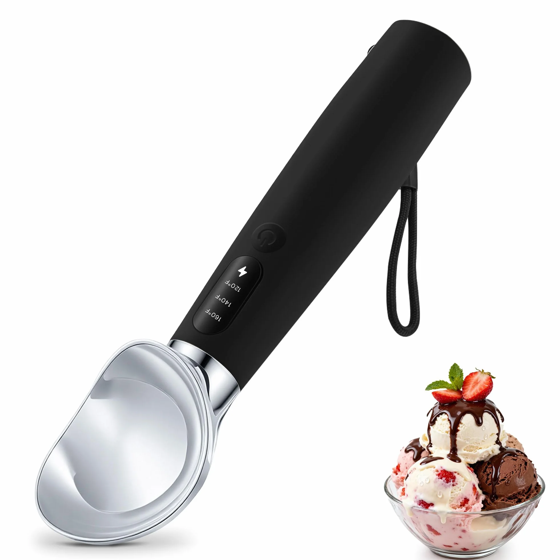 VRAIKO Cuchara de helado calentada 3 niveles de calor ajustables 50/60/70 °C LED 2600 mAh recargable para helado duro negro