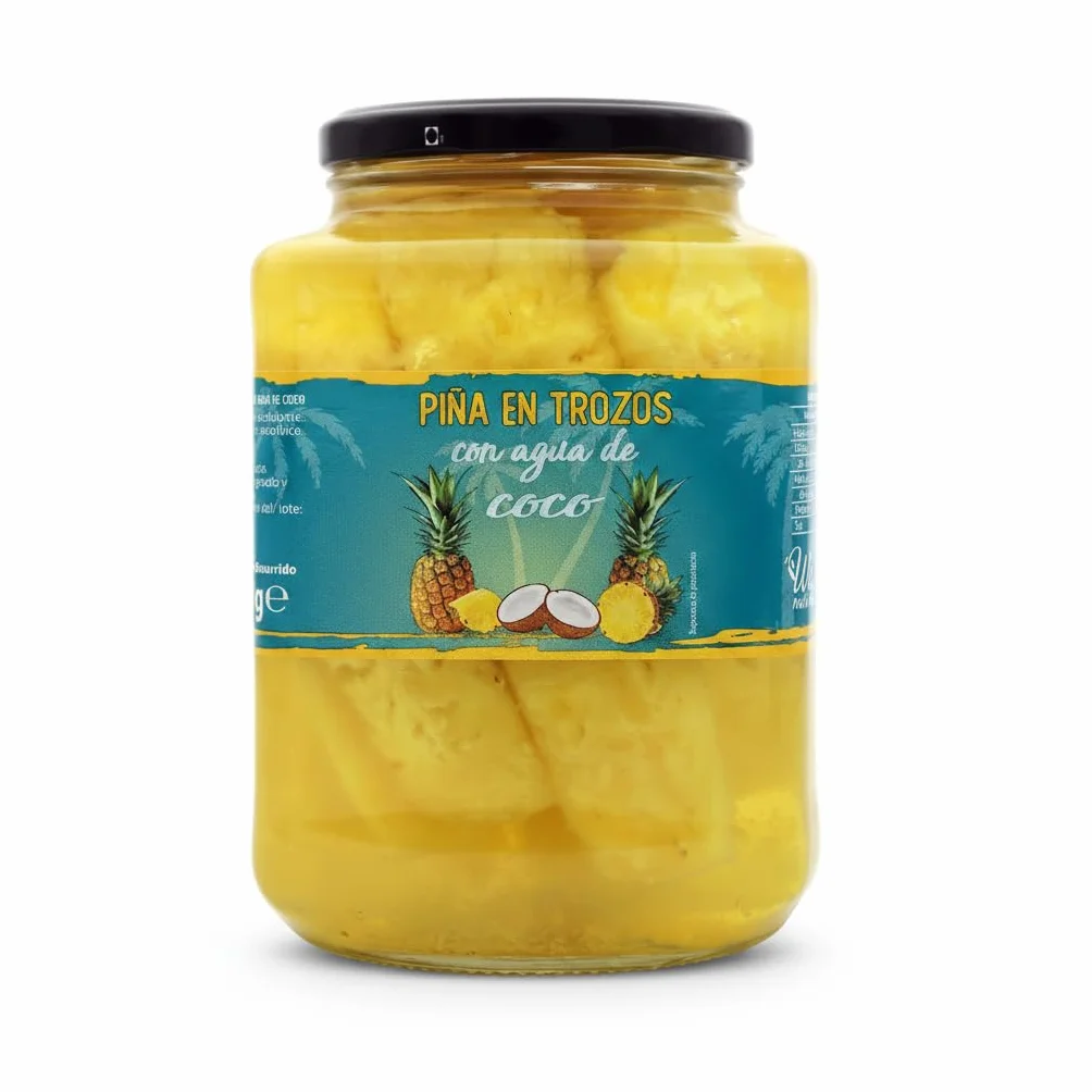 We Natural Piña en Trozos con Agua de Coco 1190g - Fruta en Tarro de Cristal 100% Natural sin Azúcares Añadidos - Snack Saludable 69 kcal por 100g