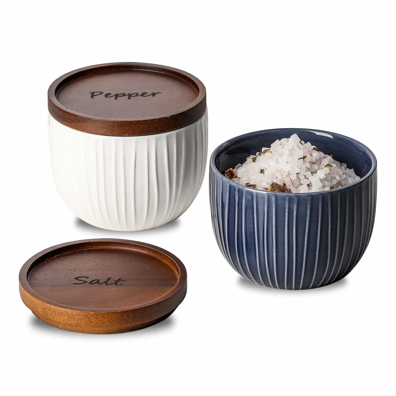 Cuencos de sal y pimienta: recipiente de cerámica para sal y pimienta de 10 onzas con tapa de madera, salero con tapa, caja de sal apilada para encimera, decoración de cocina de granja (azul