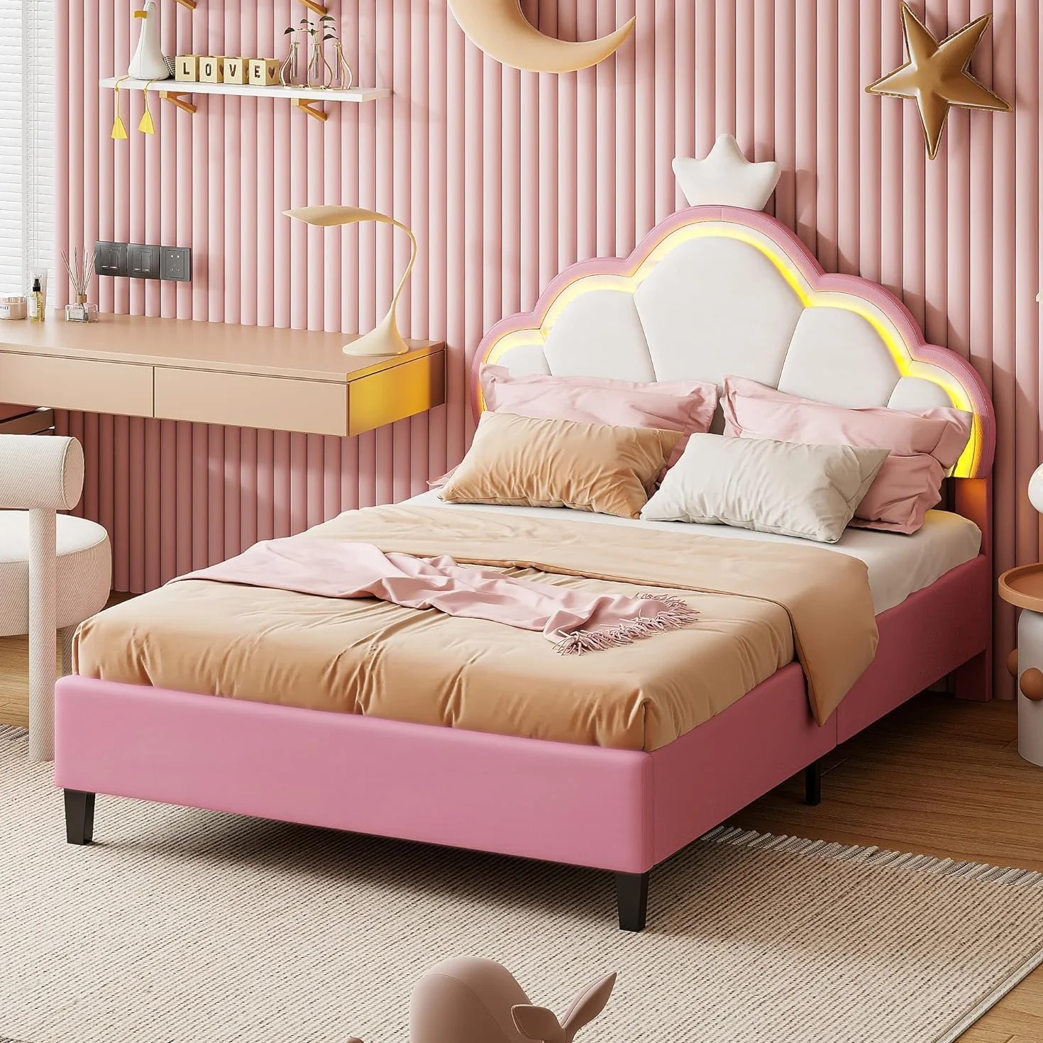 Cama infantil tapizada de 90x200 cm, cama para niñas, camaInfantil, camaPrincesa con cabecero LED ajustable y somier de láminas, camaJuvenil de madera maciza y terciopelo, sin colchón (90*200)