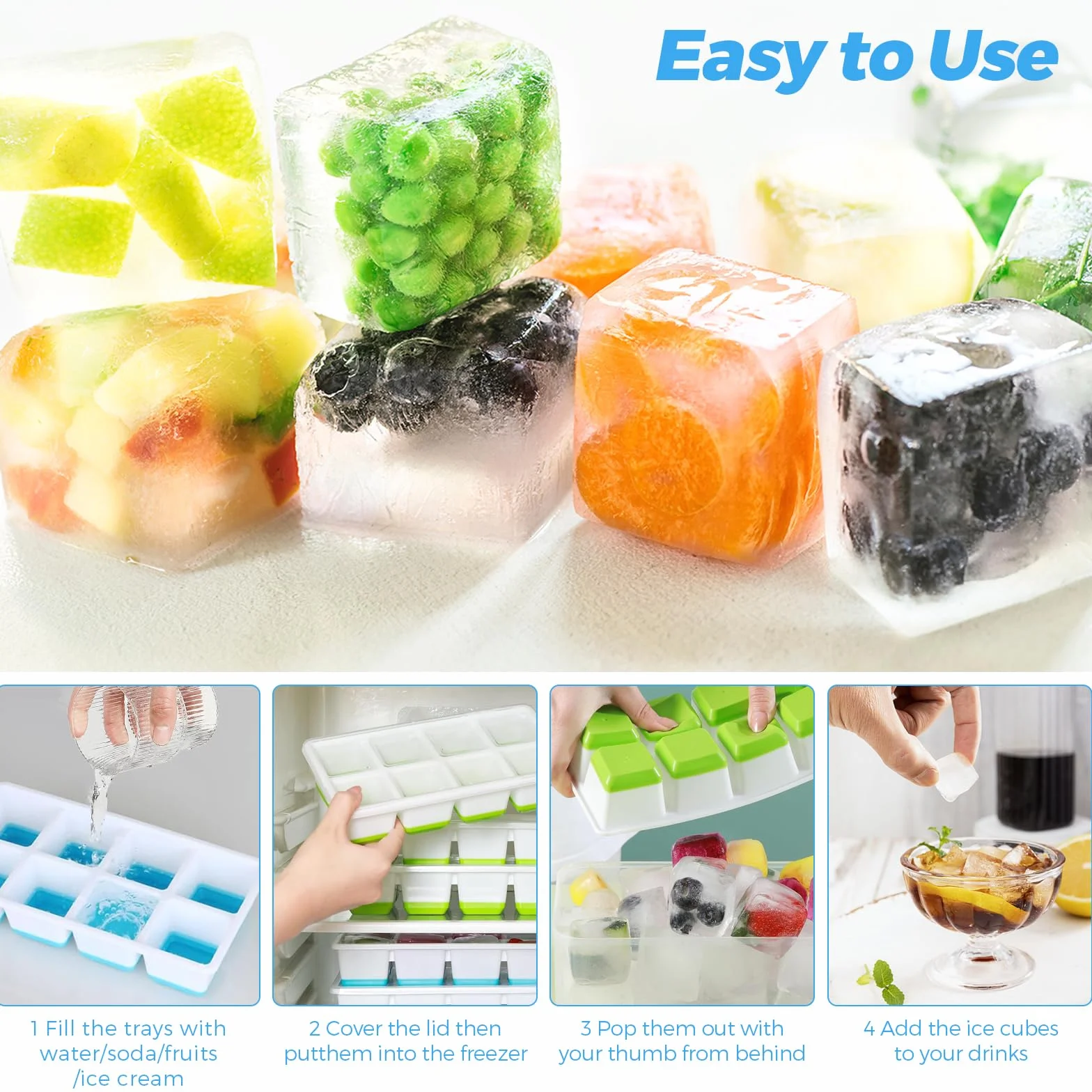 Bandejas de cubitos de hielo de silicona con tapa para whisky, sin BPA, apilable, reutilizable (verde+azul)