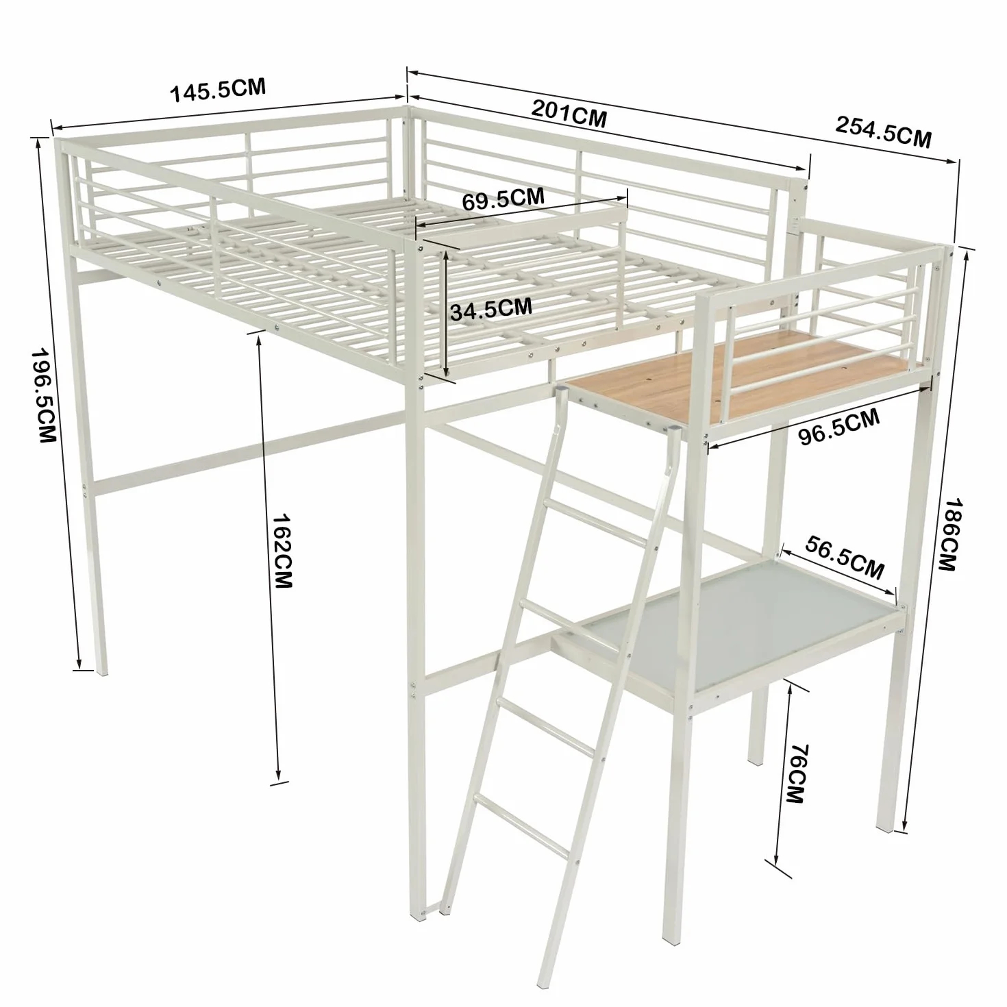 MEUBLE Cosy Literas Juveniles Cama Alta Estructura de Metal Doble 140 x 190 cm con Escalera y Escritorio para niños, Adolescentes y Adultos, Estilo Industrial, Blanco