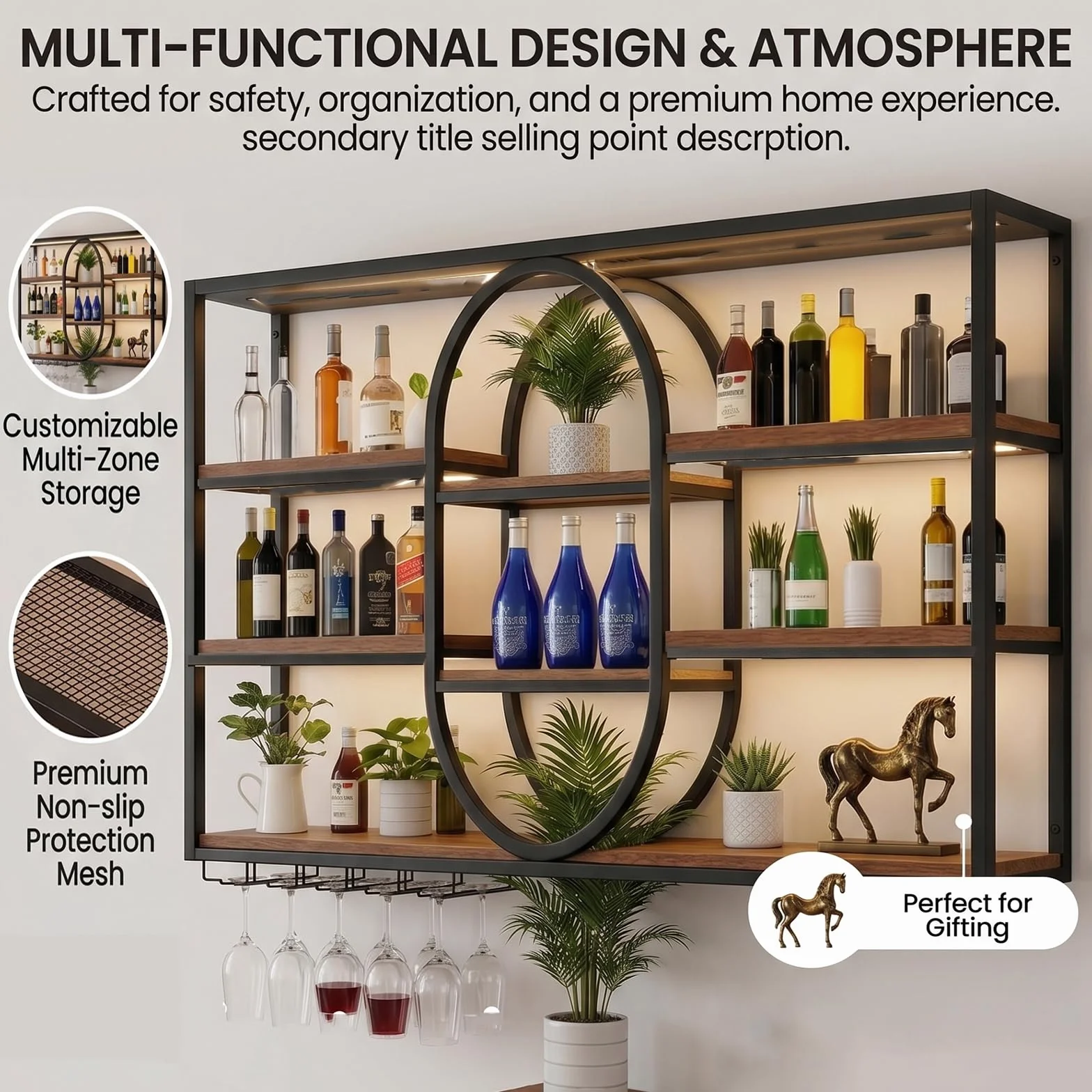 Botellero de Pared de Metal de Gran Capacidad, Estante para Vino de Pared Ovalado Moderno, Soporte para Copas y Botellas, Metal para Vino Industrial, 120-180cm, Negro/Dorado (nero, 140*20*120cm)