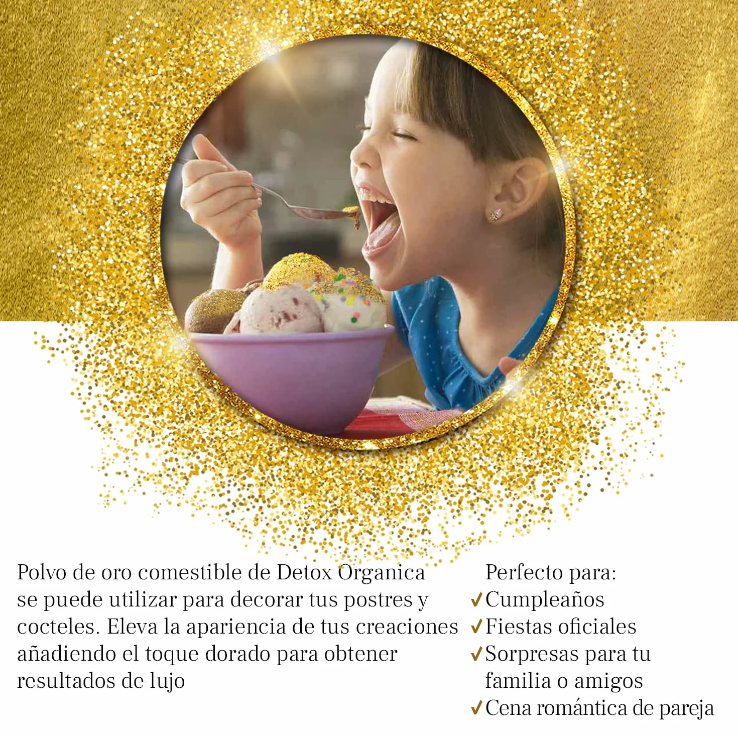 Detox Organica Polvo Oro Comestible Repostería 10g Dorado para Decorar Tartas Bebidas Edible Glitter Sin Gluten Vegano