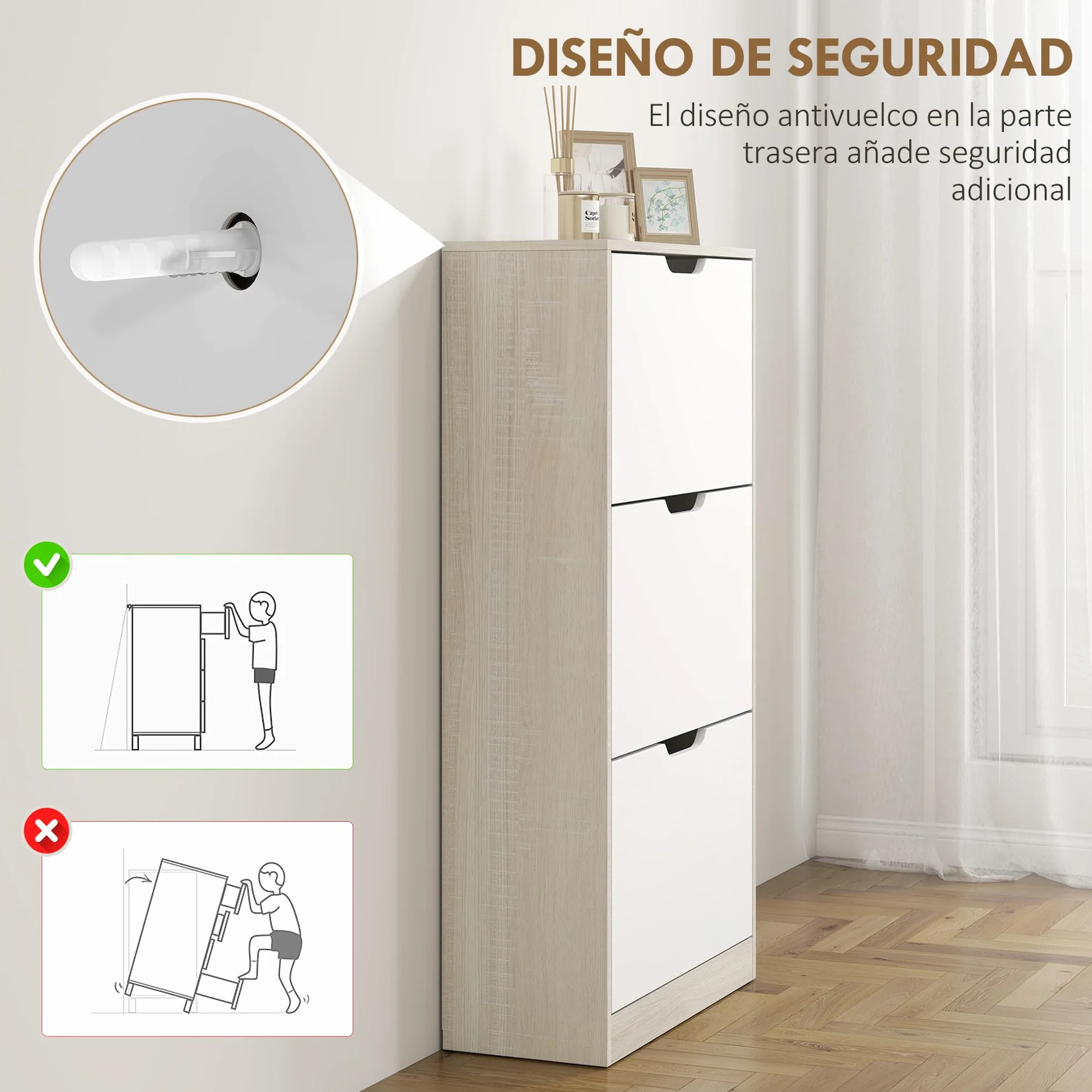 HOMCOM Zapatero Estrecho, 3 Puertas Abatibles, Zapatero Entrada Recibidor para 18 Pares de Zapatos, para Pasillo, Espacios Reducidos, 62,5x26x117,5 cm, Roble y Blanco