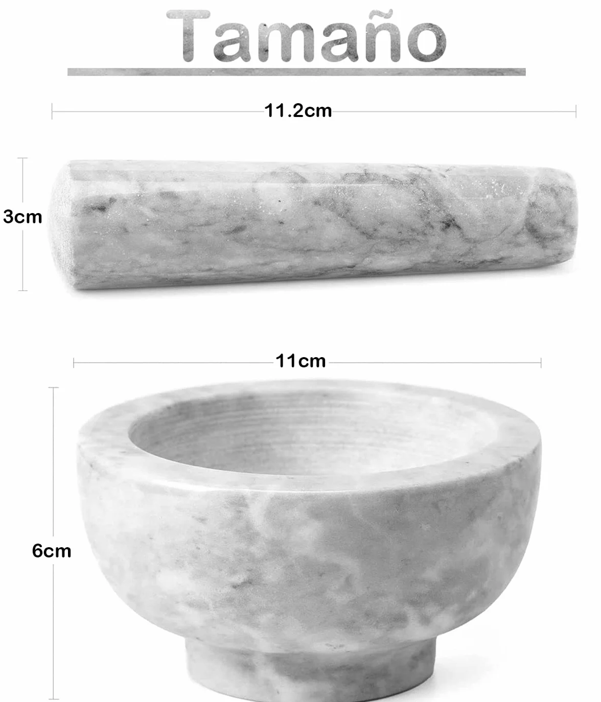 Juego de Mortero con Maja, Molcajete Mármol Natural Duradero, Triturador Manual de Piedra para Moler Machacar, Ideal para Moler Especias y Hierbas - Altura 6 cm, Diámetro 11 cm