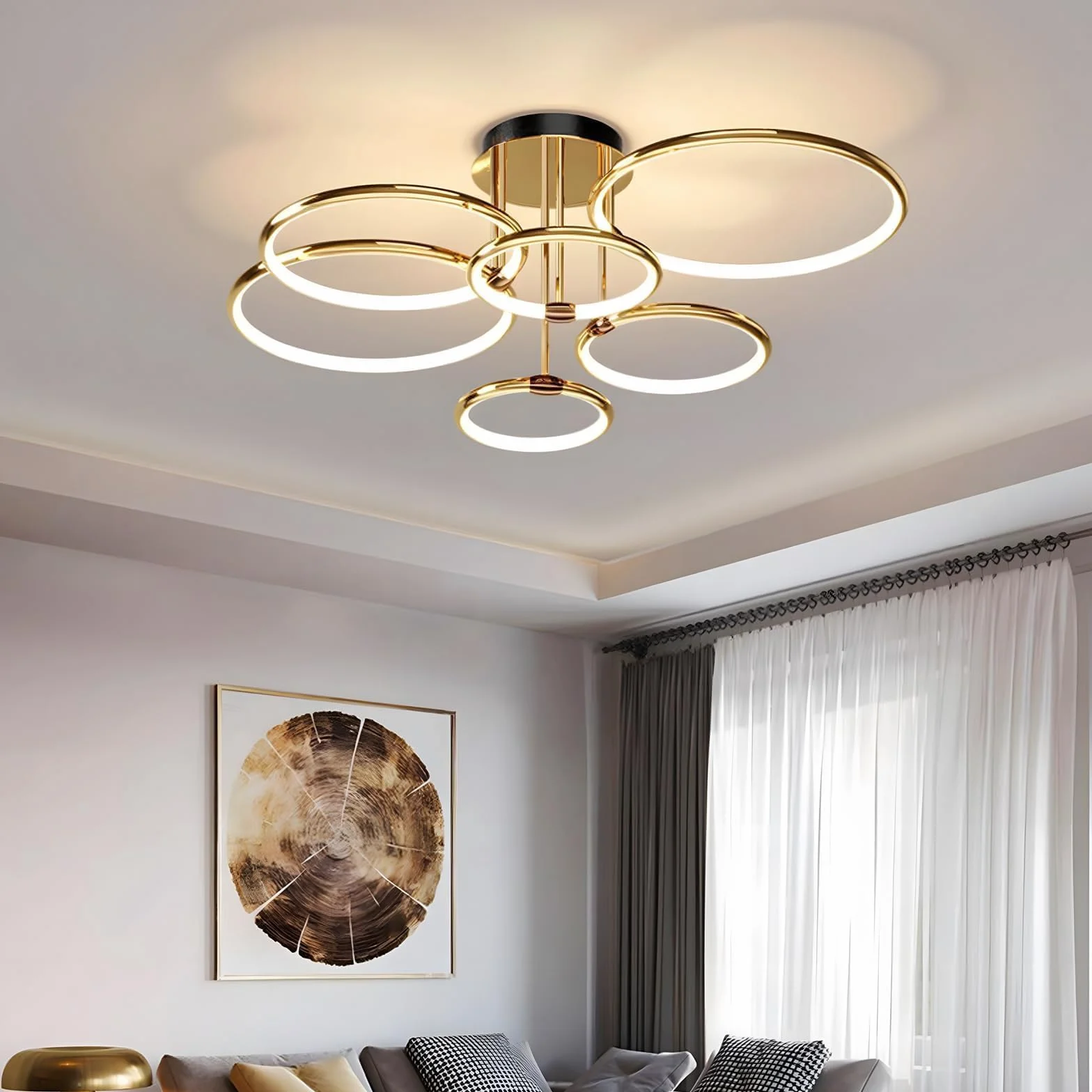 6 Anillos Redondos Lámpara De Techo Led Dorada Diseño, Candelabro De Ø105cm | 145W Regulable Forma Continua, Colgante De Electrochapa De Metal Creativo, Lámpara Moderna Para Dormitorio, Sala De Estar
