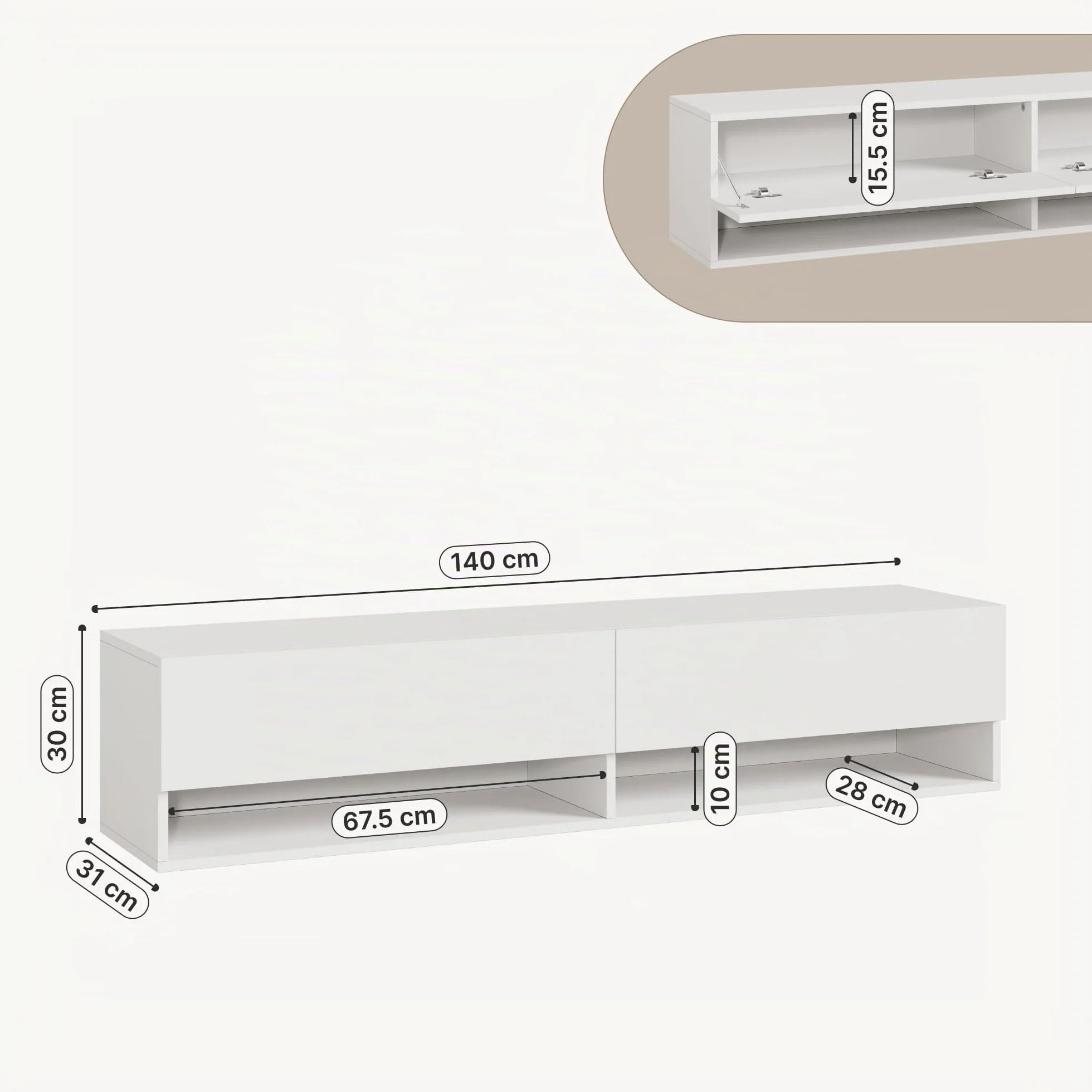 [en.casa] Armario de Pared Halmstad Mueble de TV de Pared 140 x 31 x 30 cm Mesa de Centro Flotante con Compartimentos y 2 Puertas Consola de Pared Blanco