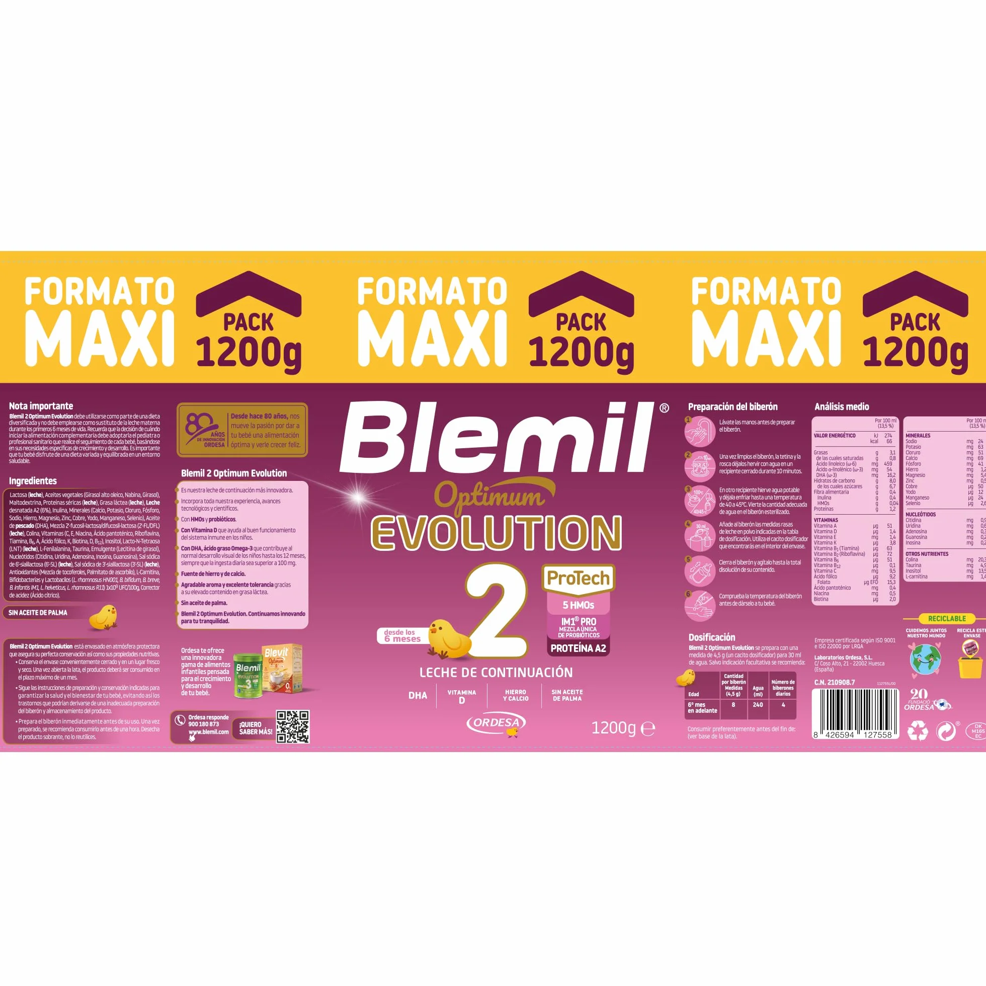 Blemil 2 Optimum Evolution 1200g Leche de Continuación en Polvo para Bebé Desde 6 Meses