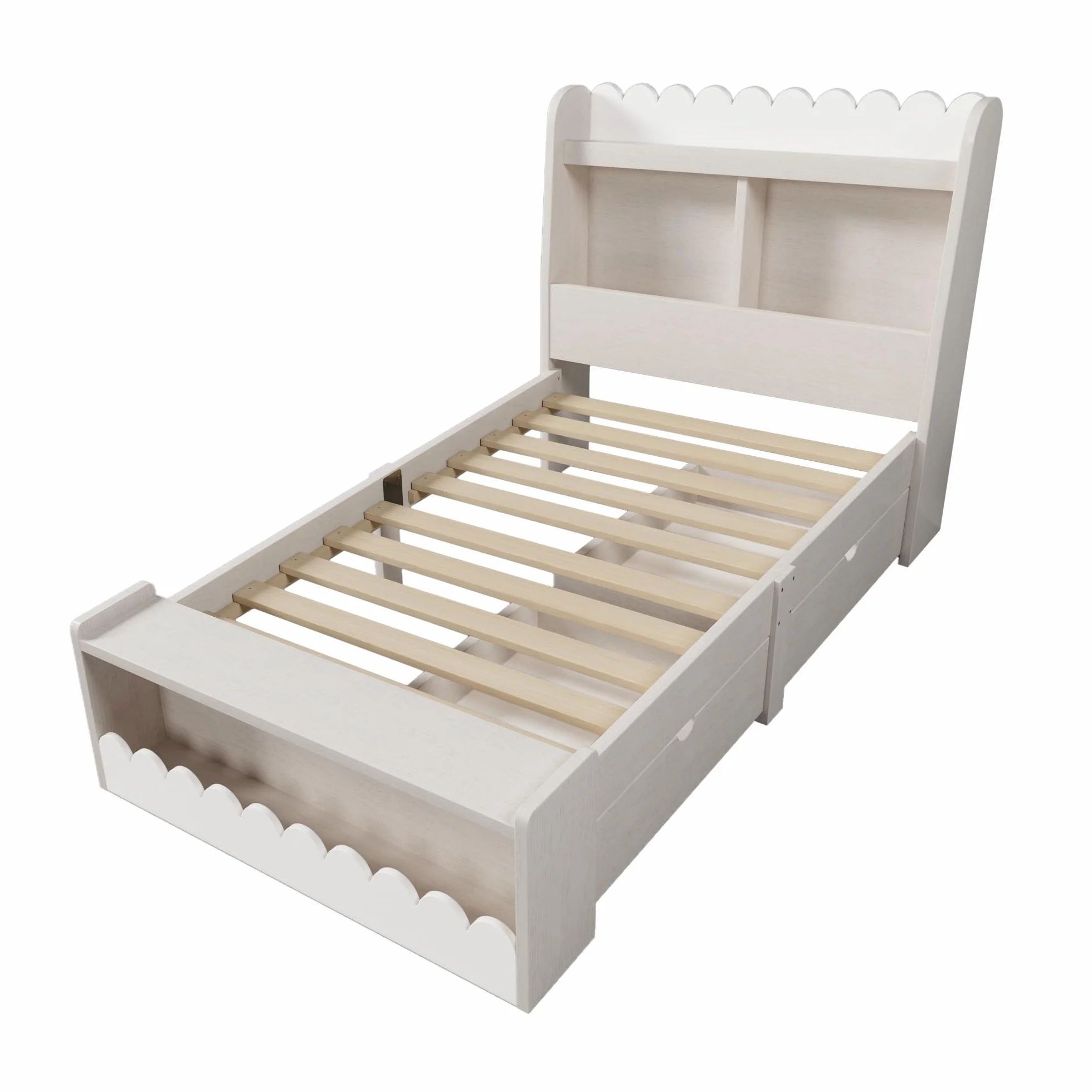 Cama individual de 90 x 190 cm, con cajones, estantería y banco con almacenamiento, cama de madera, marco de cama y somier de madera, color blanco con color roble (sin colchón)
