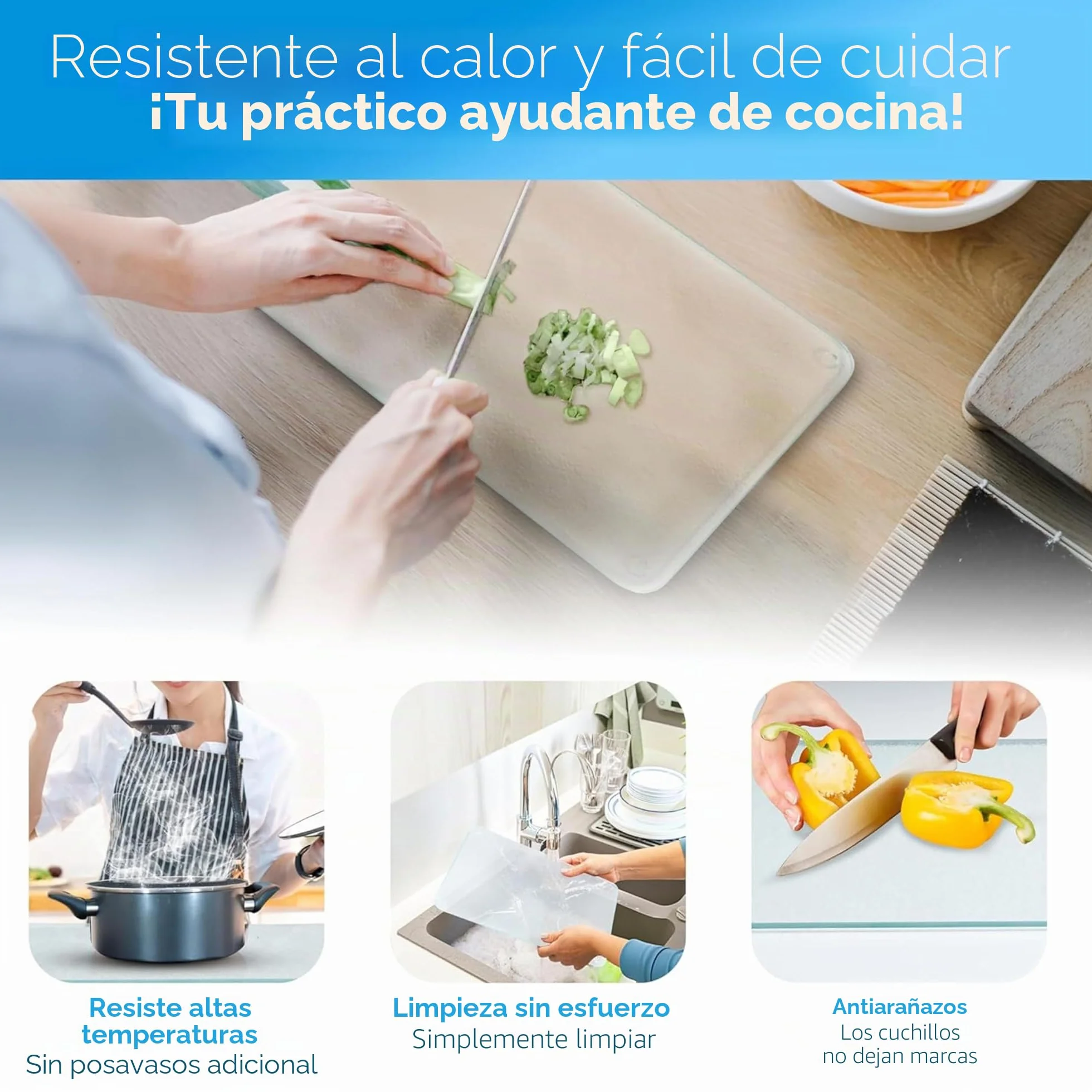 Tabla de cortar de cristal 30x20 cm antideslizante con pies resistente a arañazos y calor