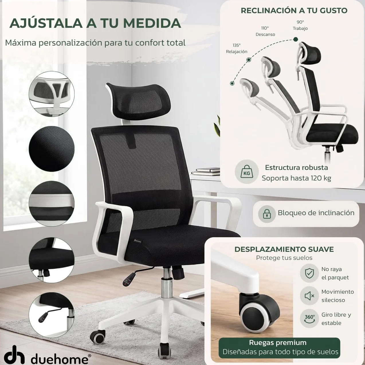 Duehome Silla de Oficina Ergonómica Dafne Negro Blanco 55x51x111-121 cm