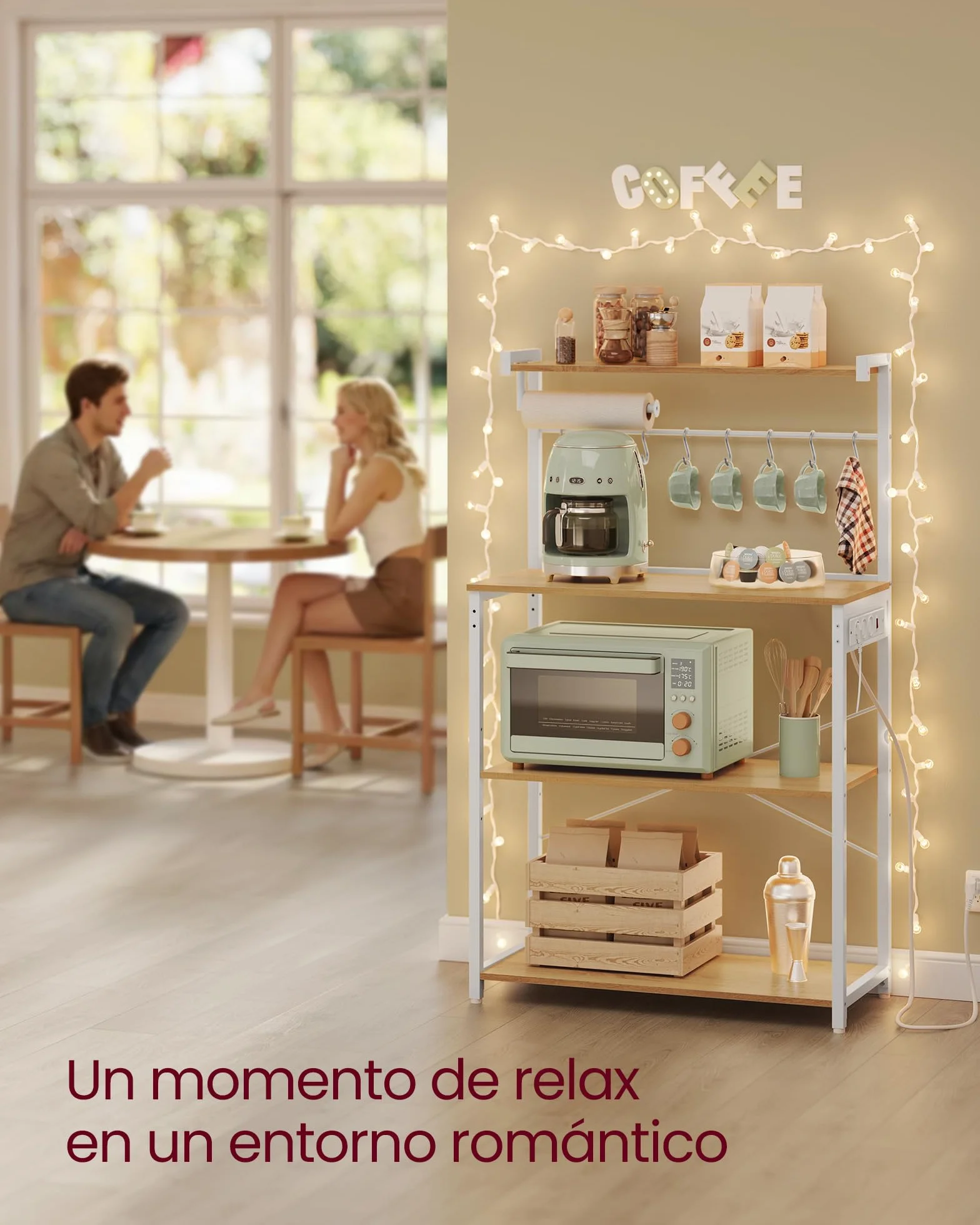 VASAGLE Estantería de Cocina con Enchufe Múltiple, Barra de Café de 4 Niveles con Estante Ajustable, 8 Ganchos S, Soporte de Microondas, 40 x 45 x 140 cm, Roble Dorado y Blanco Nube KKS013YA05
