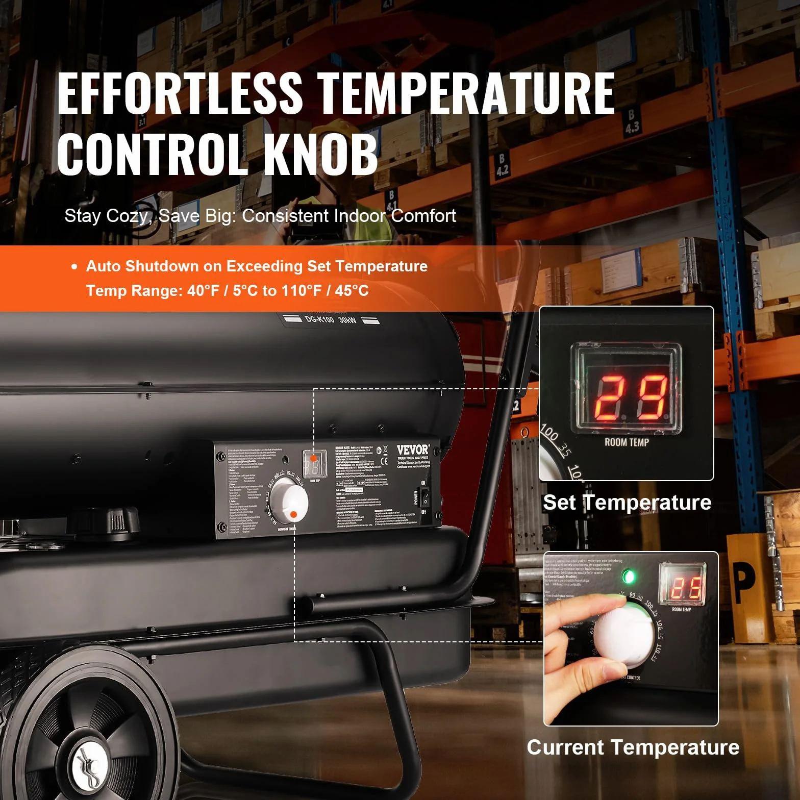 VEVOR Calentador de Aire Forzado a Queroseno/Diésel, 100 000 BTU, Portátil con Control de Termostato, Tanque de 38 L, para el Hogar, el Lugar de Trabajo, la Industria, Negro, 915 x 475 x 600 mm