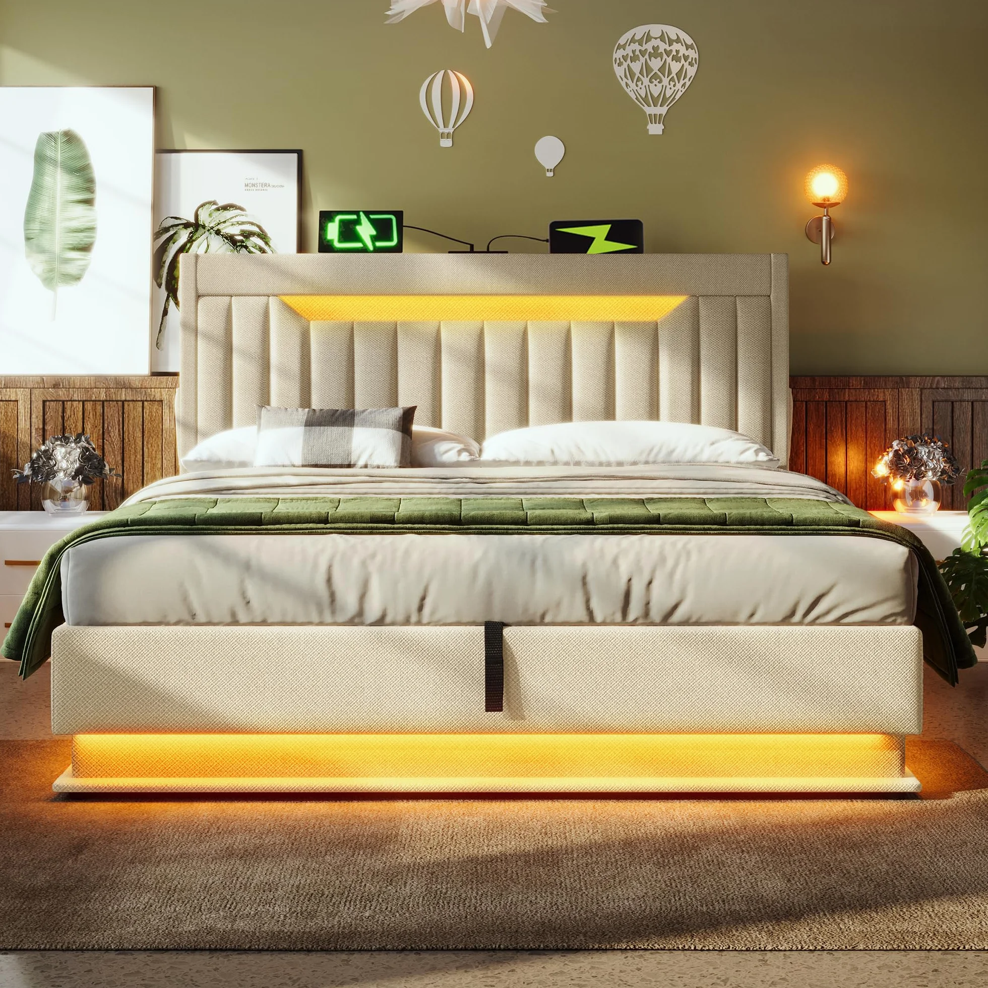 Cama tapizada de 180 x 200 cm, cama doble, cabecero de almacenamiento con conexiones USB y tipo C, iluminación LED en la cabecera y los pies de la cama, con espacio de almacenamiento hidráulico, lino