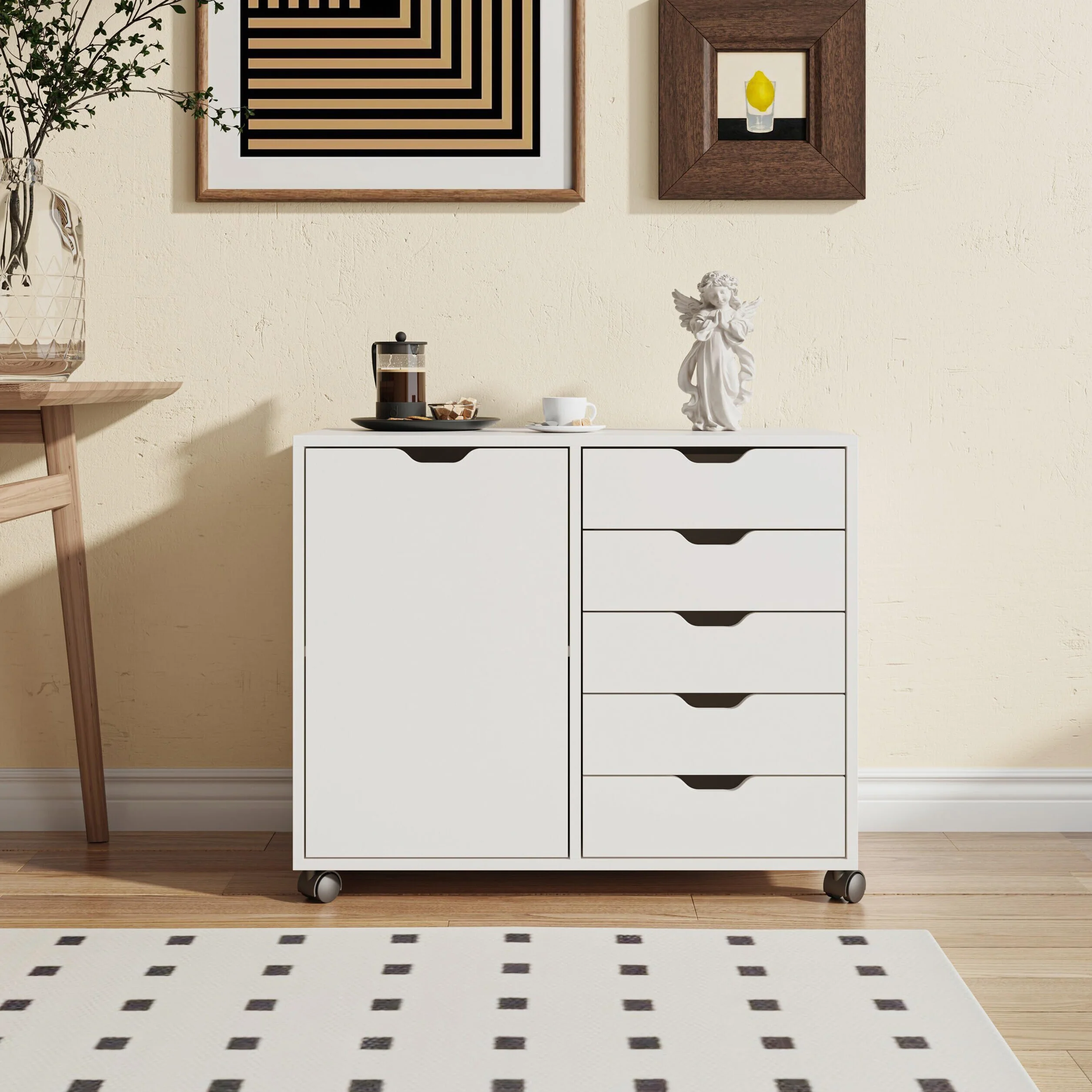 Contenedor con Ruedas Relaxdays, 5 cajones y 2 estantes, HBT: 65 x 78 x 40 cm, archivador móvil, Oficina, Blanco