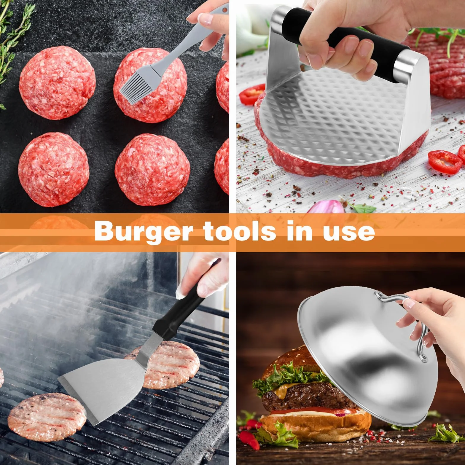 Campana para Hamburguesas Smash Burger de Acero Inoxidable 304 con Espátula y 100 Piezas Papel Antiadherente