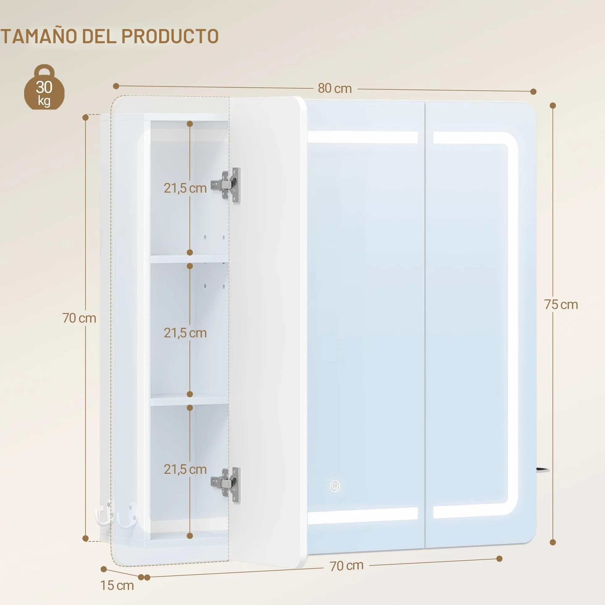 Armario Espejo Baño con Luz LED, Espejo Plegable 3 Puertas, Estantes Ajustables, 16,5x80x75 cm Blanco