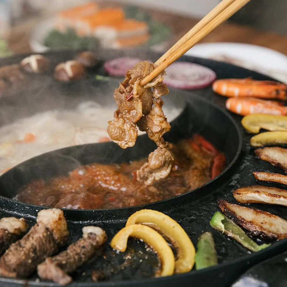 Parrilla Eléctrica sin Humo 220V 2200W 2 en 1 Hotpot Chino Korean BBQ Barbacoa Coreana de Mesa