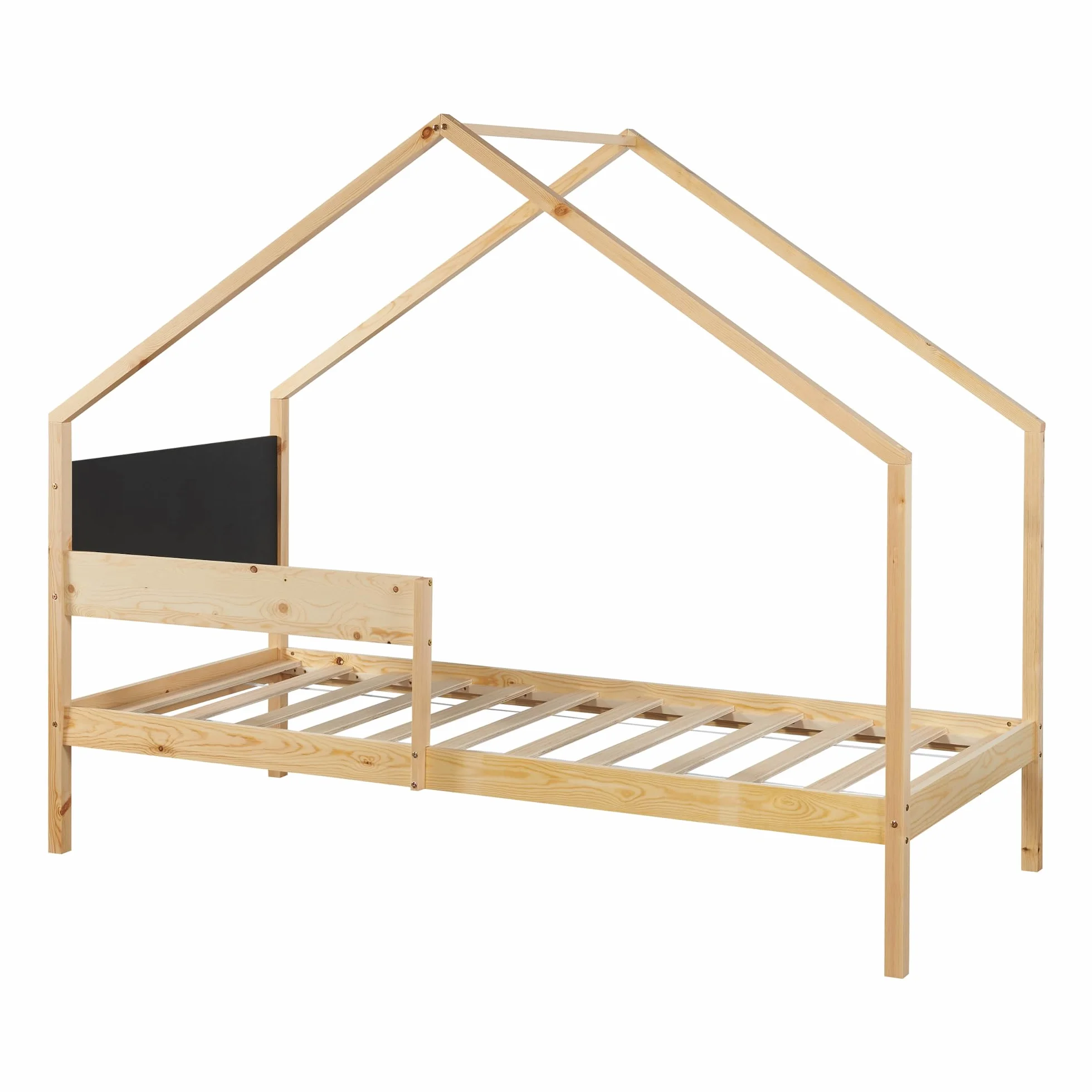 [en.casa] Cama Nido para Niños Niñas Estilo Montessori Cama Infantil con Cajón/Cama Extraíble Barandilla y Somier Forma de Casa máx. 100 kg/Cama Madera de Pino 90 x 200 cm - Natural/Negro