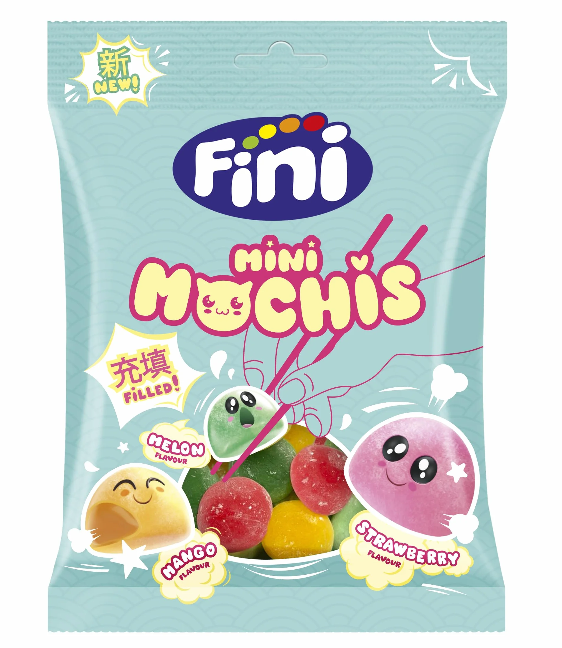 Fini Mini Mochis de Goma Chuches Rellenas Sabor Melón Fresa y Mango Bolsa 90g