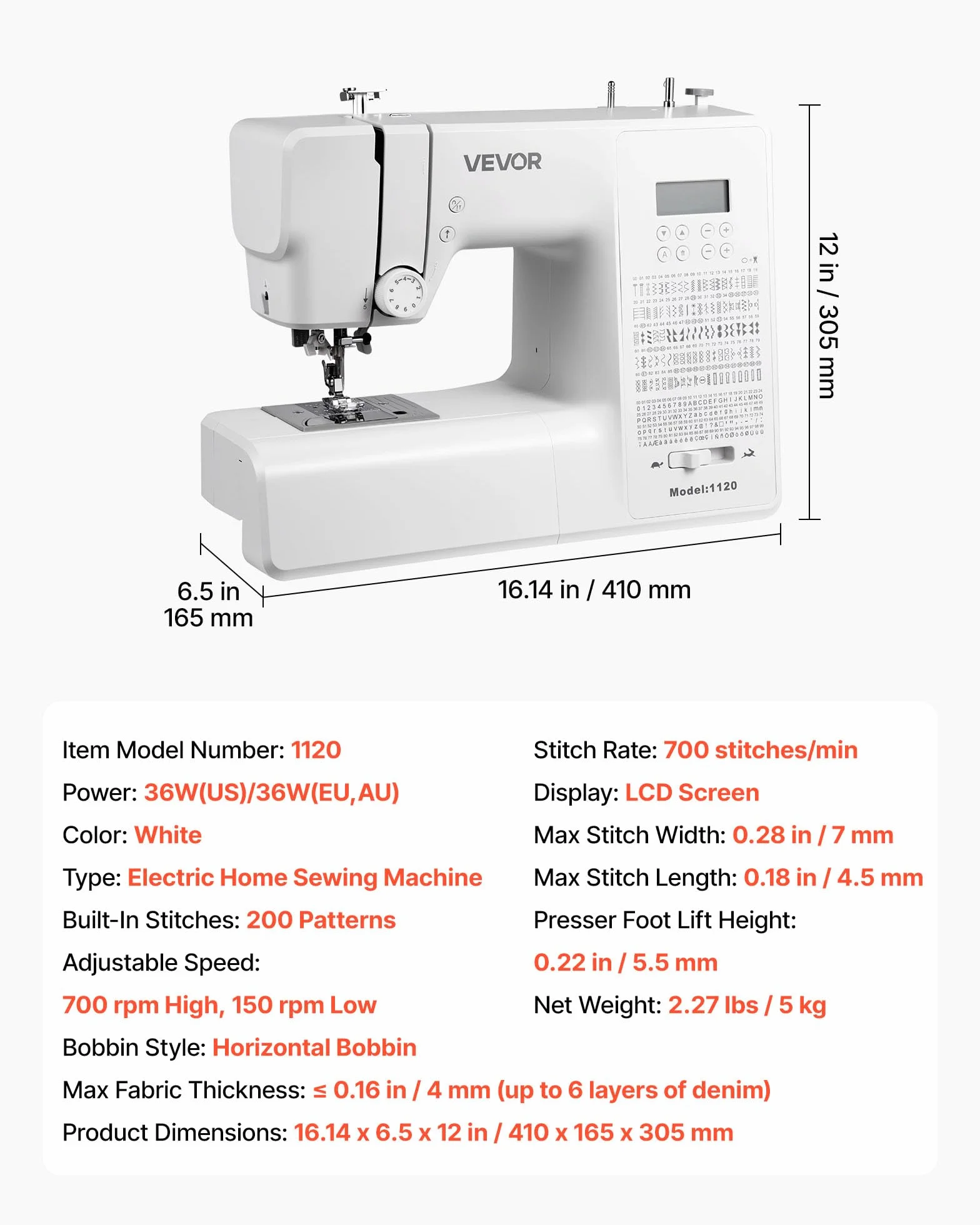 VEVOR Máquina de Coser, Máquina de Coser Digital con 200 Aplicaciones de Puntadas, Pantalla LCD, Pedal y luz LED, Estructura Metálica Resistente y Potente Motor para Manualidades, Blanco
