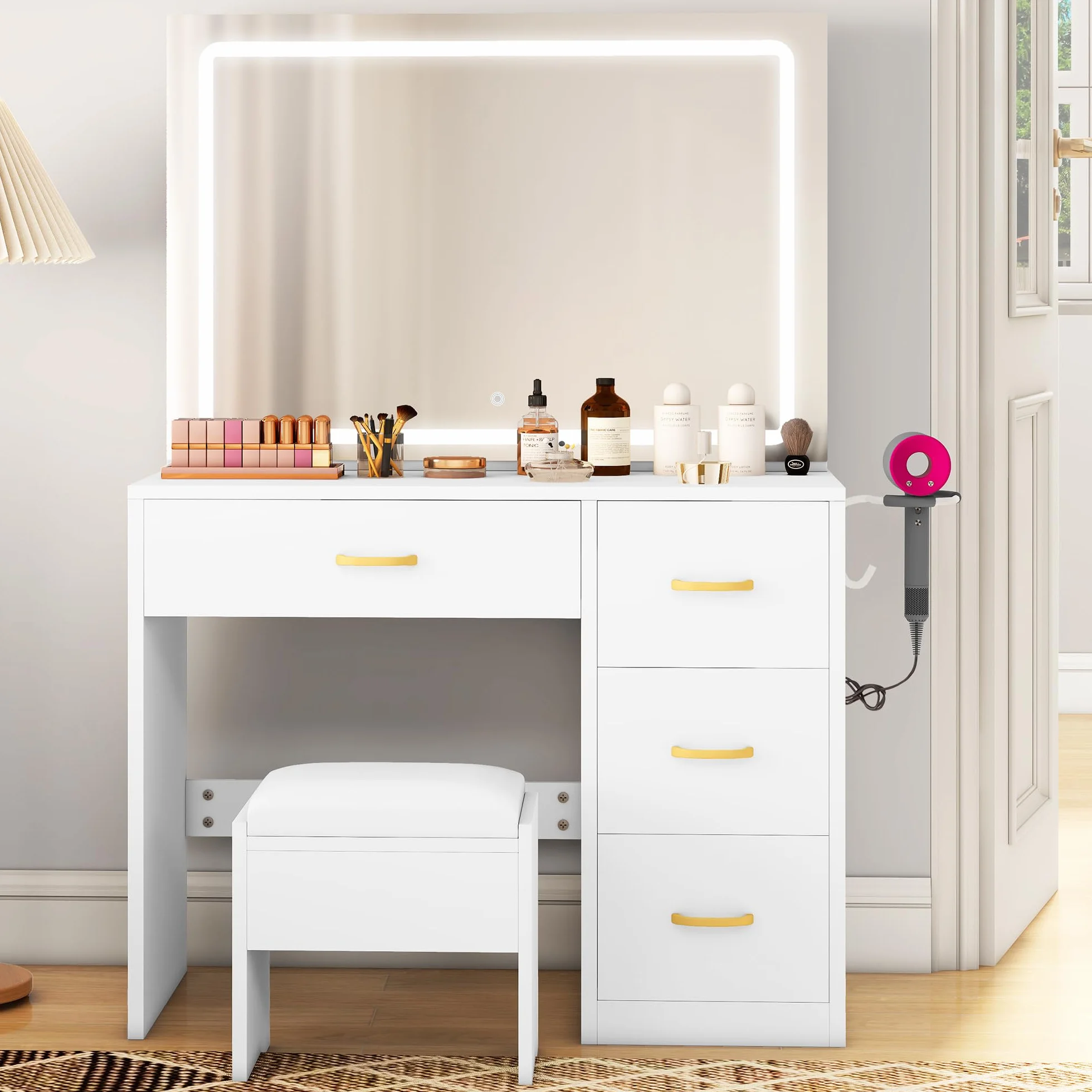 YITAHOME Tocador con iluminación LED Ajustable y tocadores, tocador con Espejo, 4 cajones y Taburete, Blanco