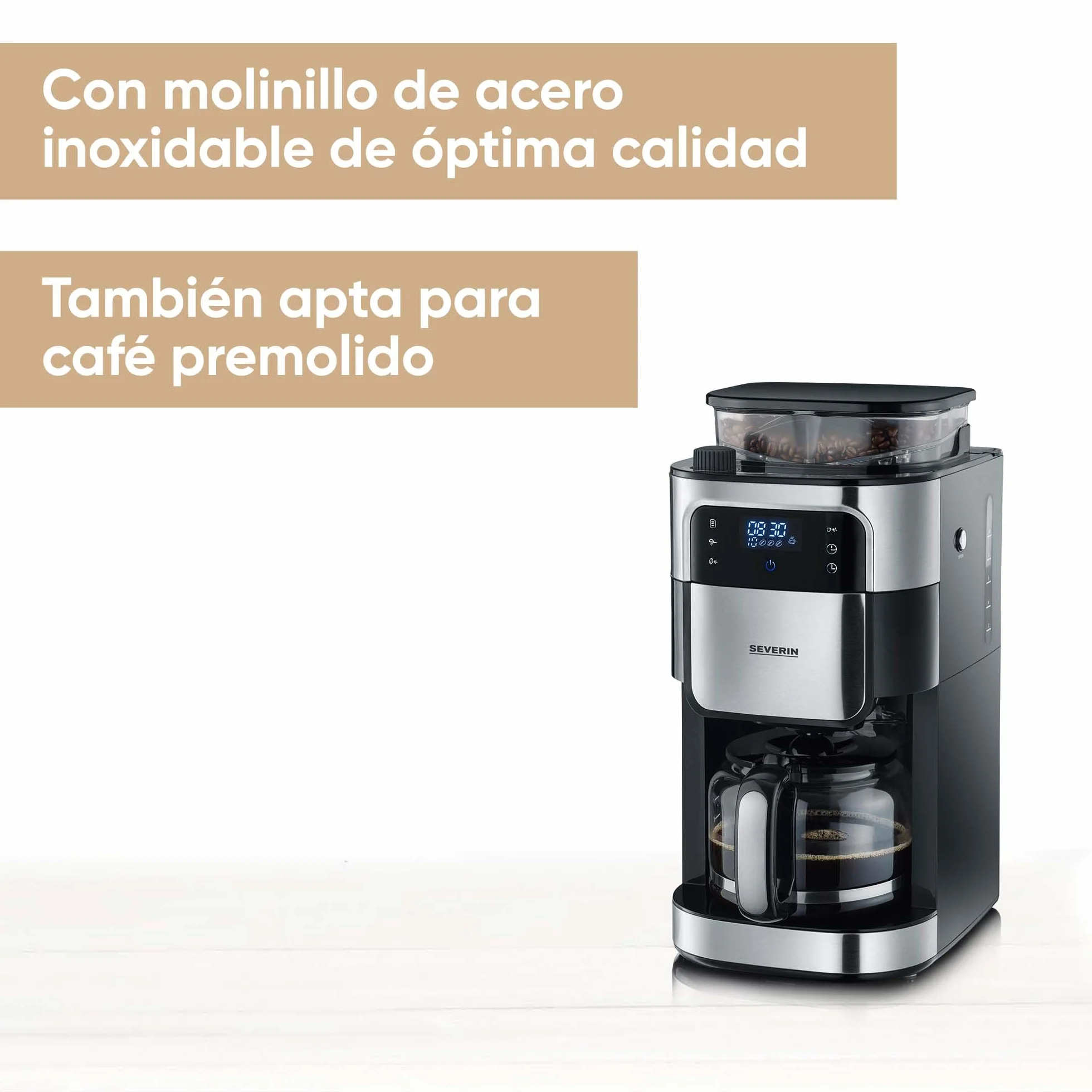 SEVERIN - Cafetera de goteo con molinillo hasta 10 tazas, Cafetera de filtro / Cafetera americana con jarra de cristal de 1l, con pantalla LED con temporizador, Acero inoxidable / Negro, KA 4813