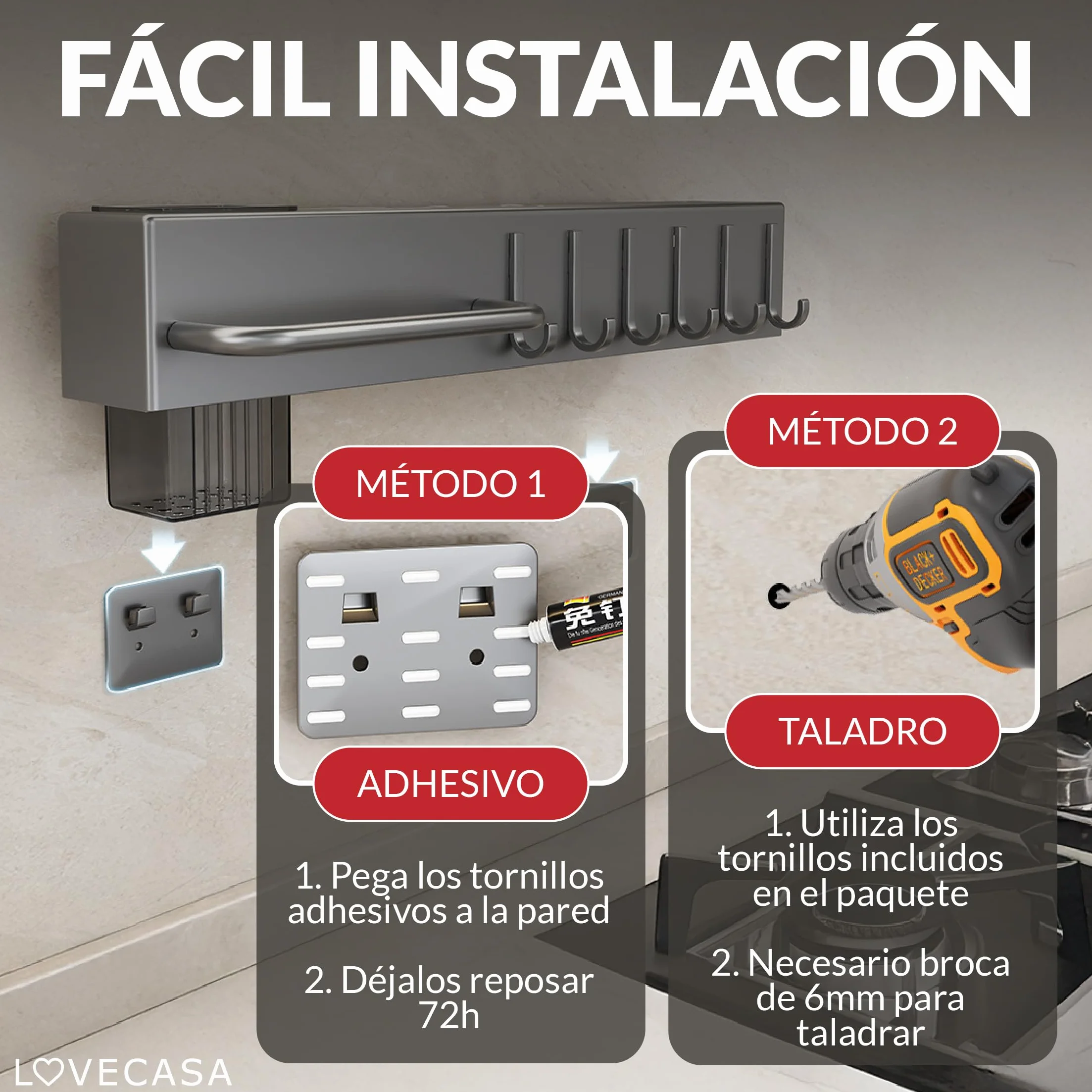 Organizador de cocina - cuchillero de pared - soporte para utensilios de cocina con ganchos y portacubiertos - organizador multifuncional ahorra espacio