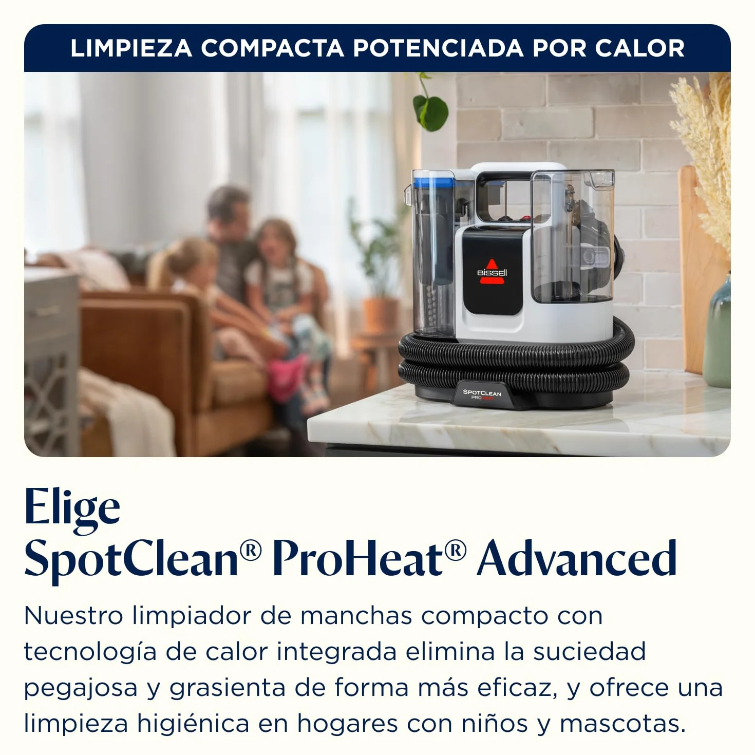 BISSELL SpotClean ProHeat Advanced, Aspiradora de agua tapiceria, limpia tapicerias multisuperficie compacta, Potente 1125W, Sistema triple limpieza profunda para manchas difíciles, Con cable, 3924N
