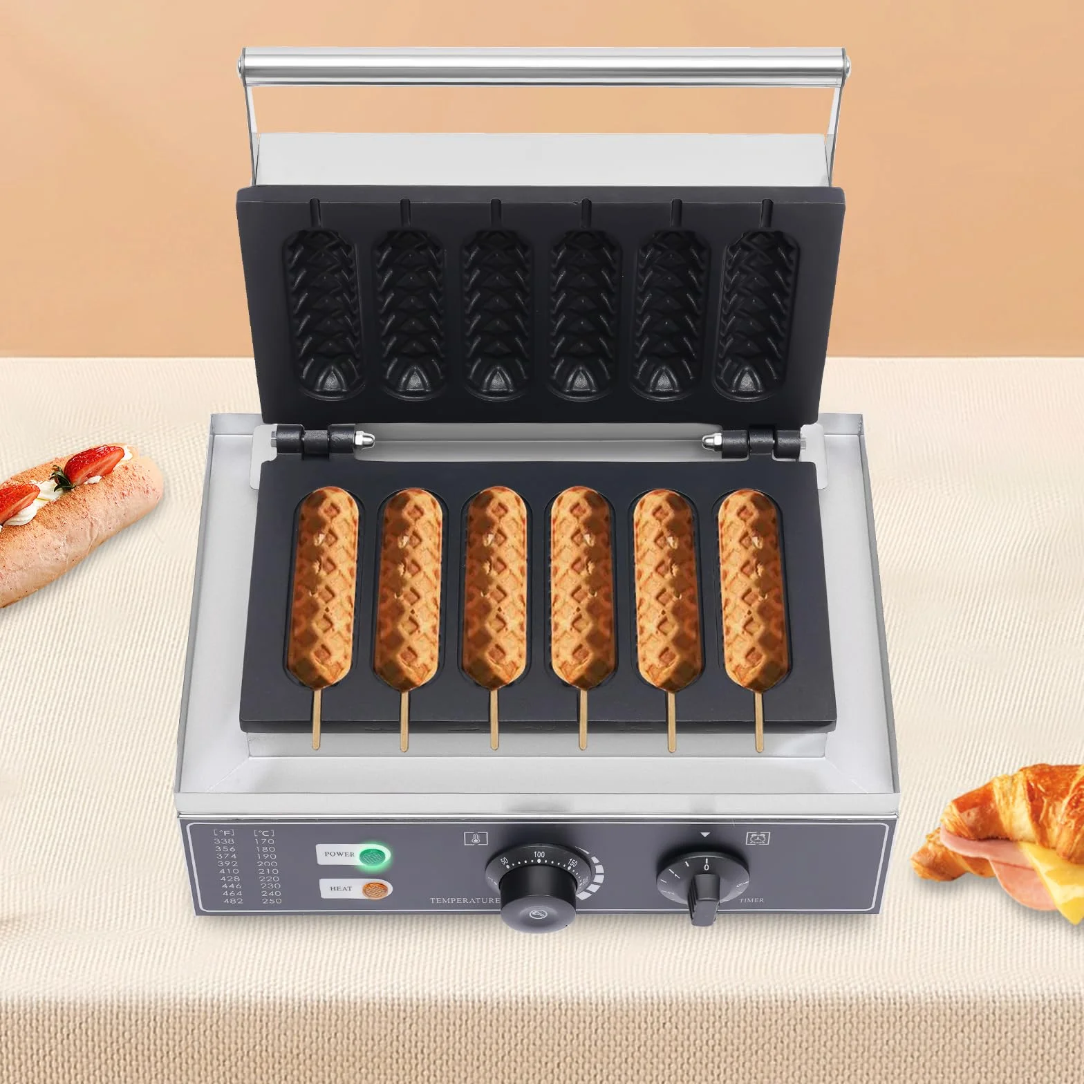 Waffeleisen Waflera, 1500W de acero inoxidable, máquina eléctrica de gofres comercial con 6 piezas de asa/perrito caliente, gofres en brocheta para panaderías, restaurantes, quioscos