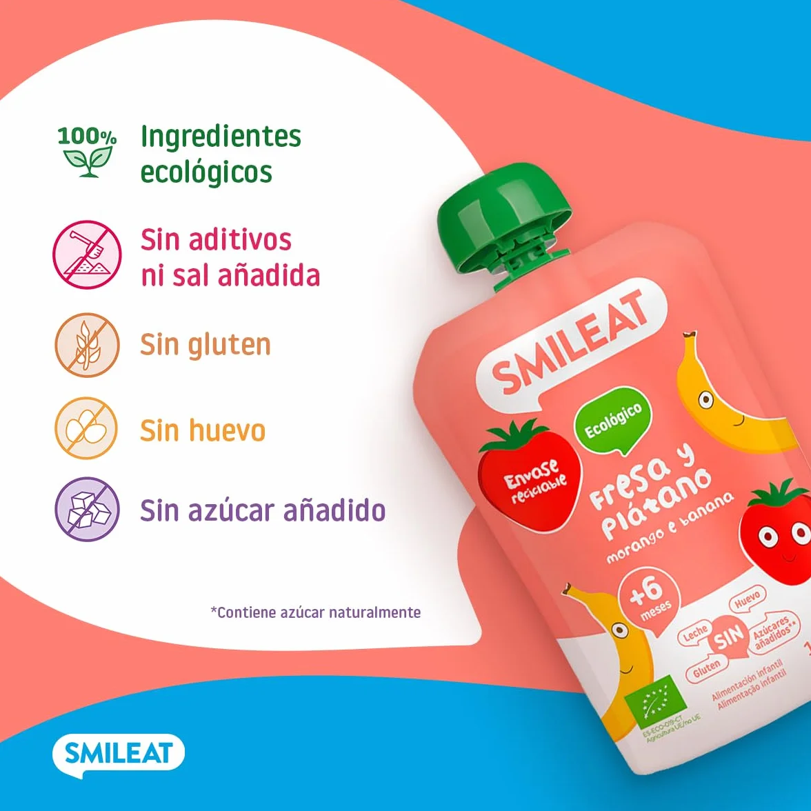 Smileat Postre lácteo infantil puré de fresa y plátano bolsa 100 g