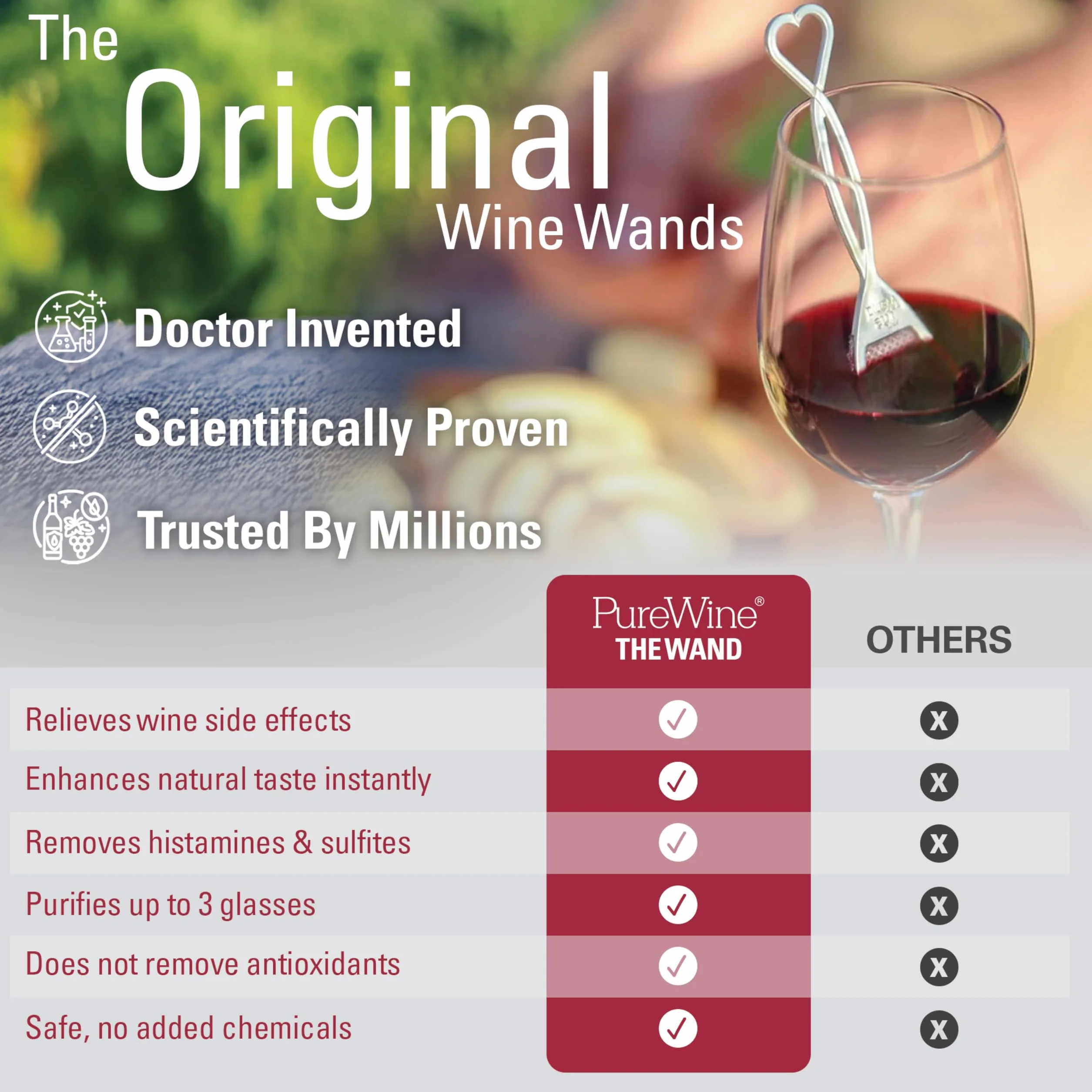 PureWine Red Wand - Filtro de histamina y sulfito, purificador, reduce las alergias al vino, varilla agitadora airea el vino, paquete de 8
