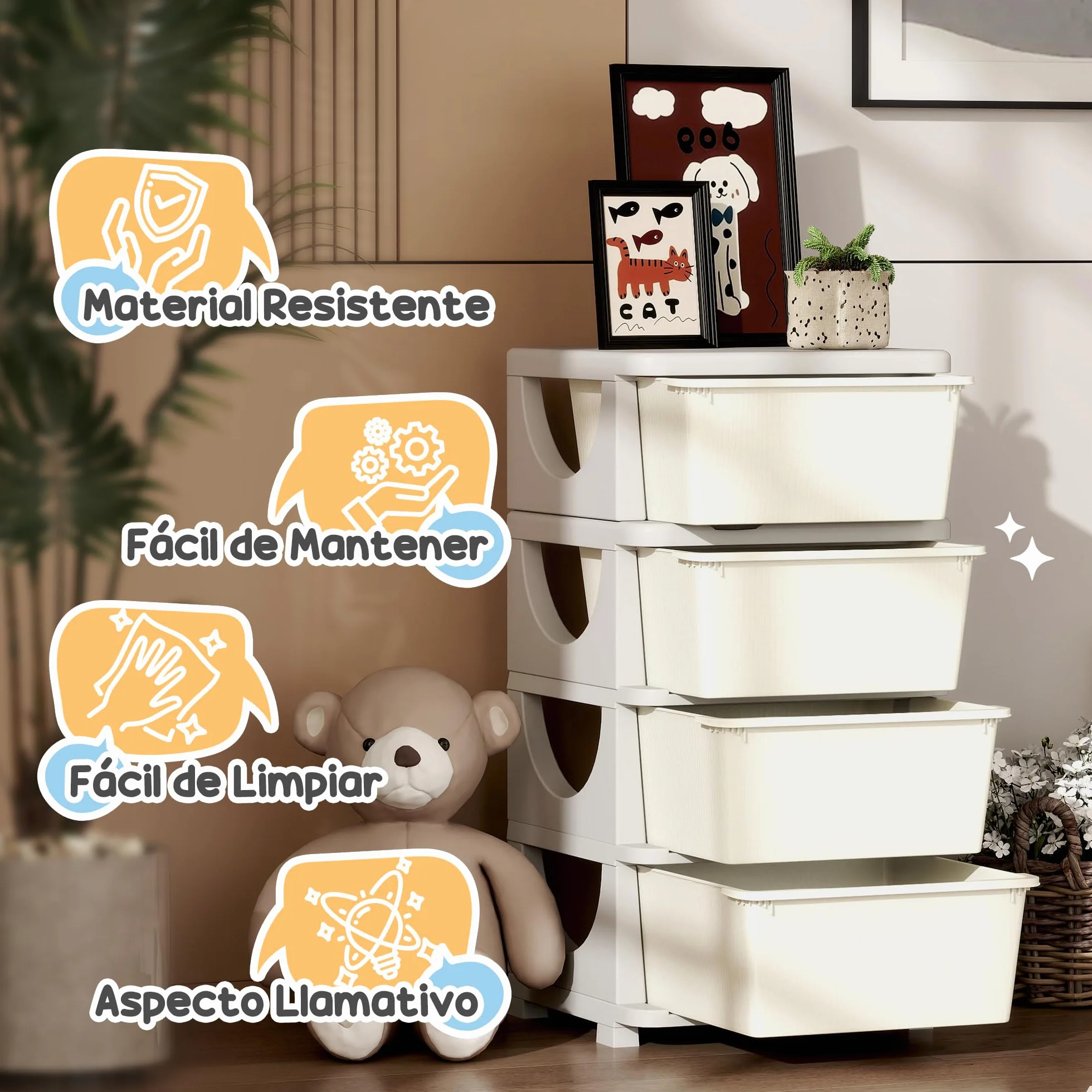 HOMCOM Torre de Almacenamiento Infantil con 4 Cajones, Organizador de Juguetes para Niños de +3 Años, con Bordes Redondeados y Asas, para Guardería, Sala de Juegos, Dormitorio, 37x37x76 cm, Crema